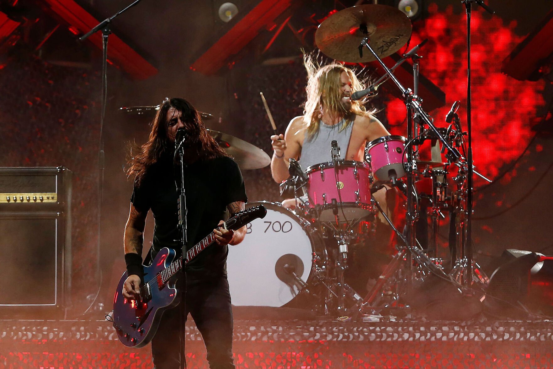 <p>Dave Grohl (L) and Taylor Hawkins of the Foo Fighters perform at Lollapalooza Chile 2022 at Parque Bicentenario Cerrillos on March 20 in Santiago, Chile.</p>