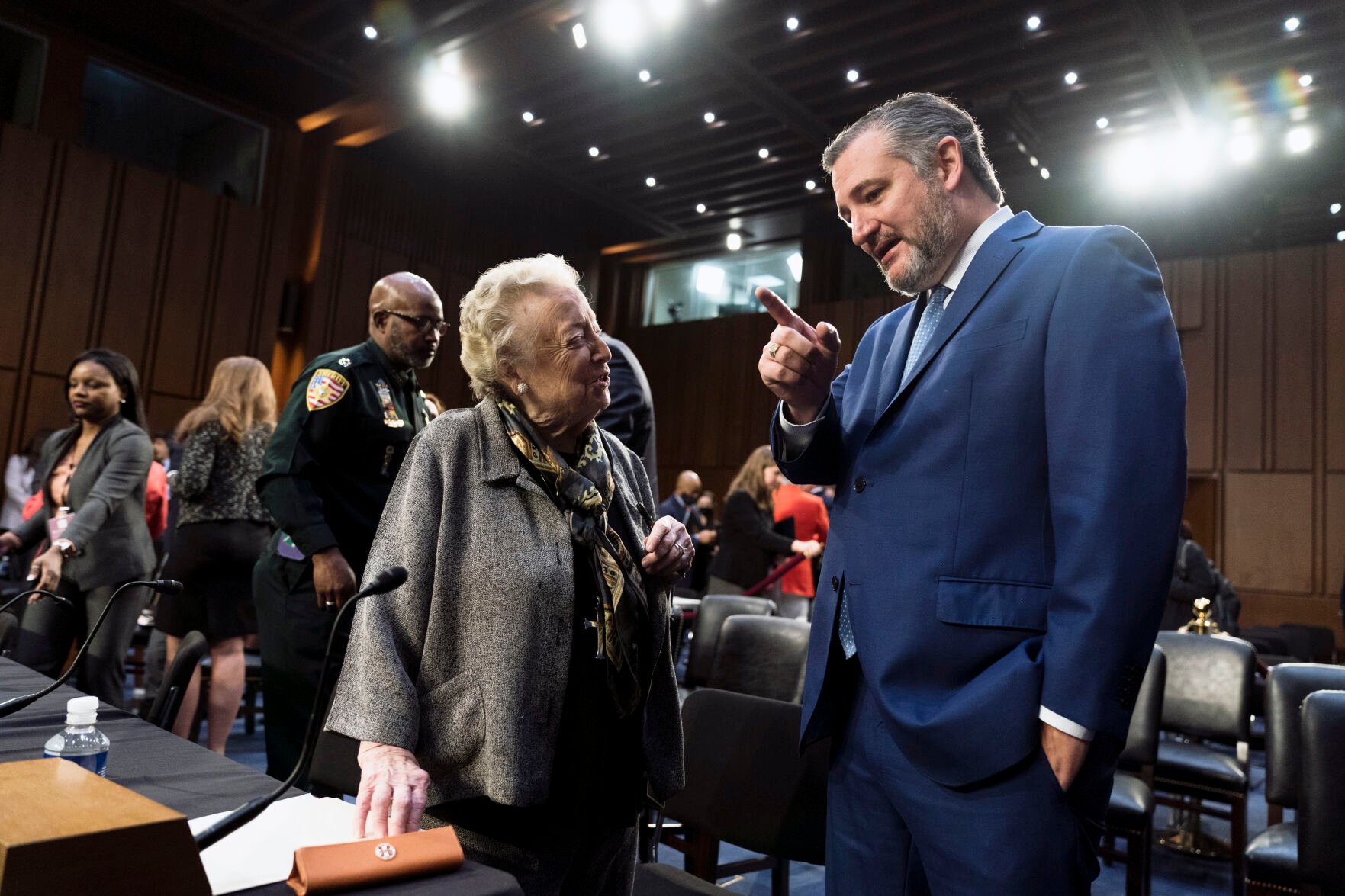 <p>Sen. Ted Cruz, R-Texas, talks to witness Eleanor McCullen as the Senate Judiciary Committee's confirmation hearing of Supreme Court nominee Ketanji Brown Jackson concludes Thursday on Capitol Hill in Washington.</p>