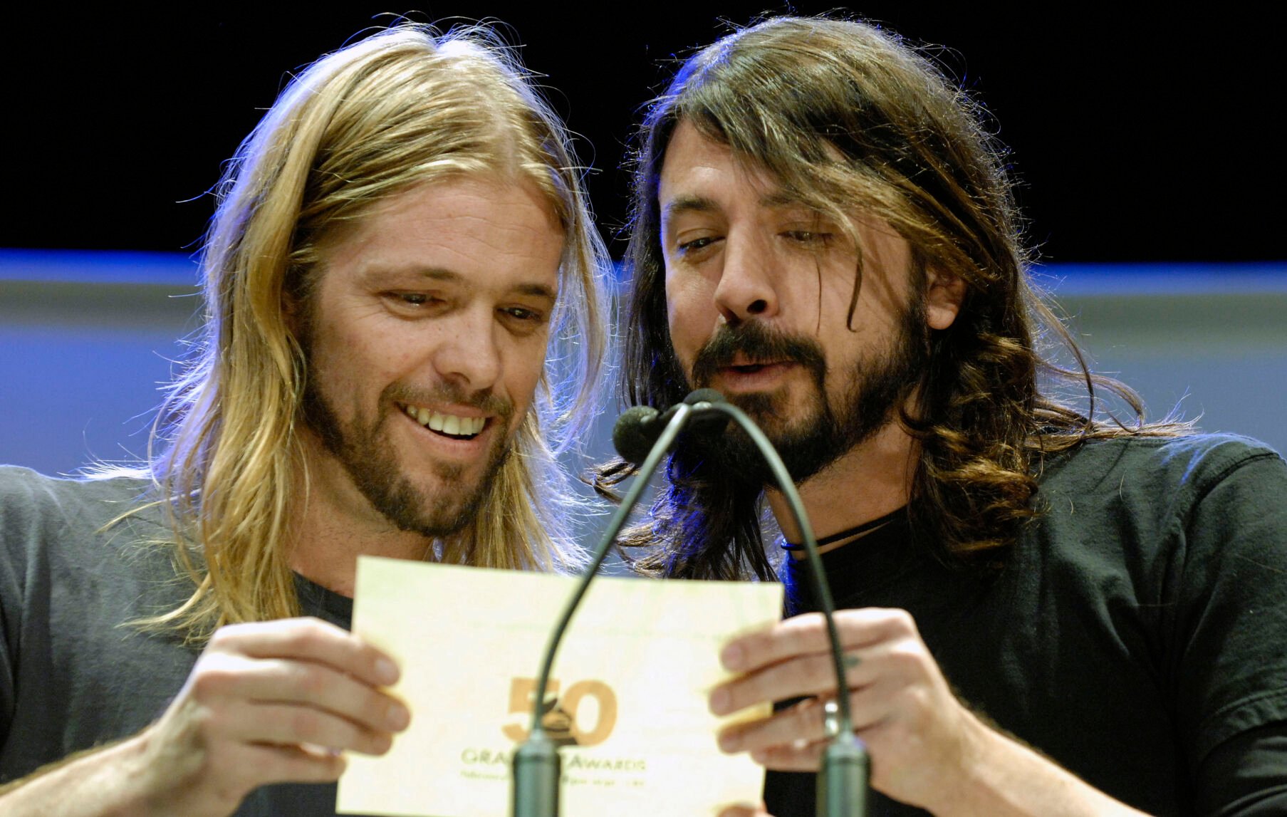 <p>Foo Fighters Dave Grohl, right, and Taylor Hawkins announce nominees for the 50th Annual Grammy Awards during a news conference, Thursday, Dec. 6, 2007, in Los Angeles. The Grammy Awards will take place on Feb. 10, 2008. </p>