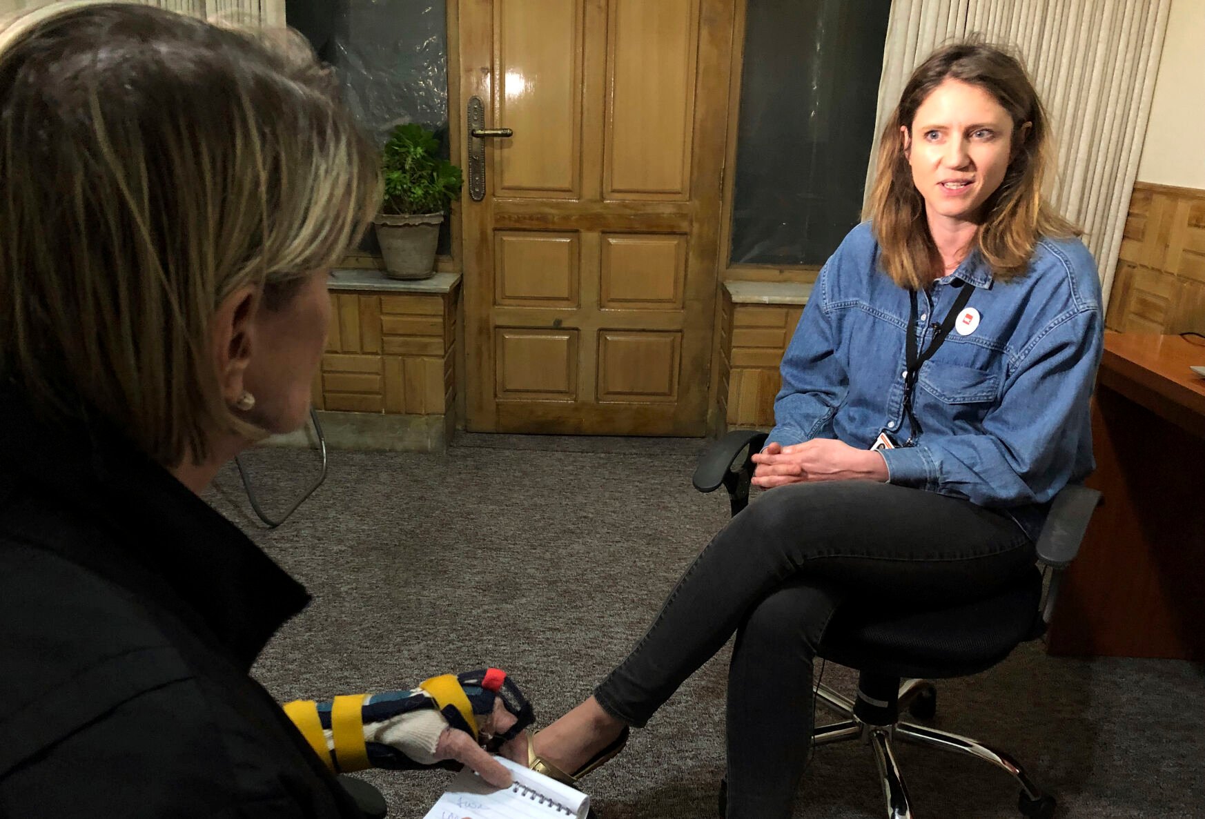 <p>Berenice Van Dan Driessche, right, advocacy manager for the Norwegian Relief Committee, speaks during an interview with The Associated Press in Kabul, Afghanistan, Wednesday, March 23, 2022. The Norwegian Relief Committee, which spends about million annually to support primary education in Afghanistan, was still waiting for official word from the Taliban about canceling the classes for girls above the sixth grade. (AP Photos/Mohammed Shoaib Amin)</p>