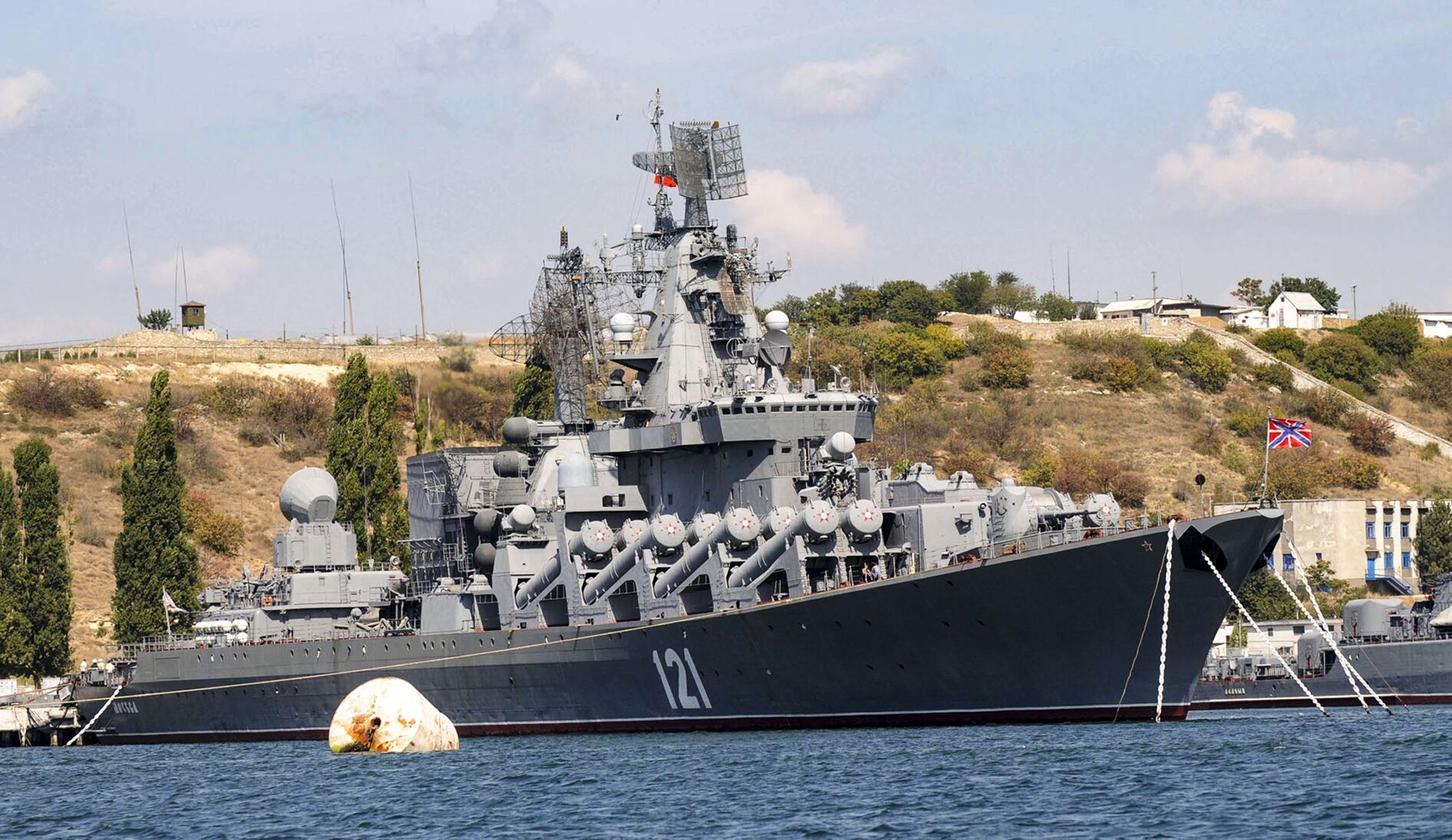 <p>The Russian missile cruiser Moskva, the flagship of Russia's Black Sea Fleet, is seen anchored in the Black Sea port of Sevastopol on Sept. 11, 2008.</p>