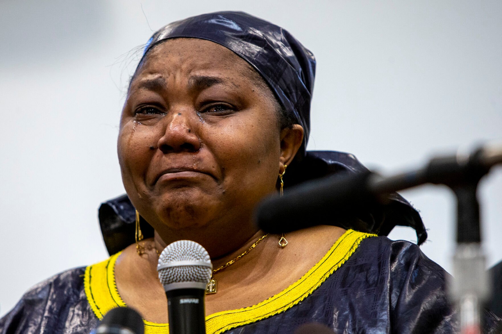 <p>Patrick Lyoya's mother Dorcas Lyoya sheds tears during a news conference at the Renaissance Church of God in Christ Family Life Center in Grand Rapids, Mich. on Thursday, April 14, 2022. </p>