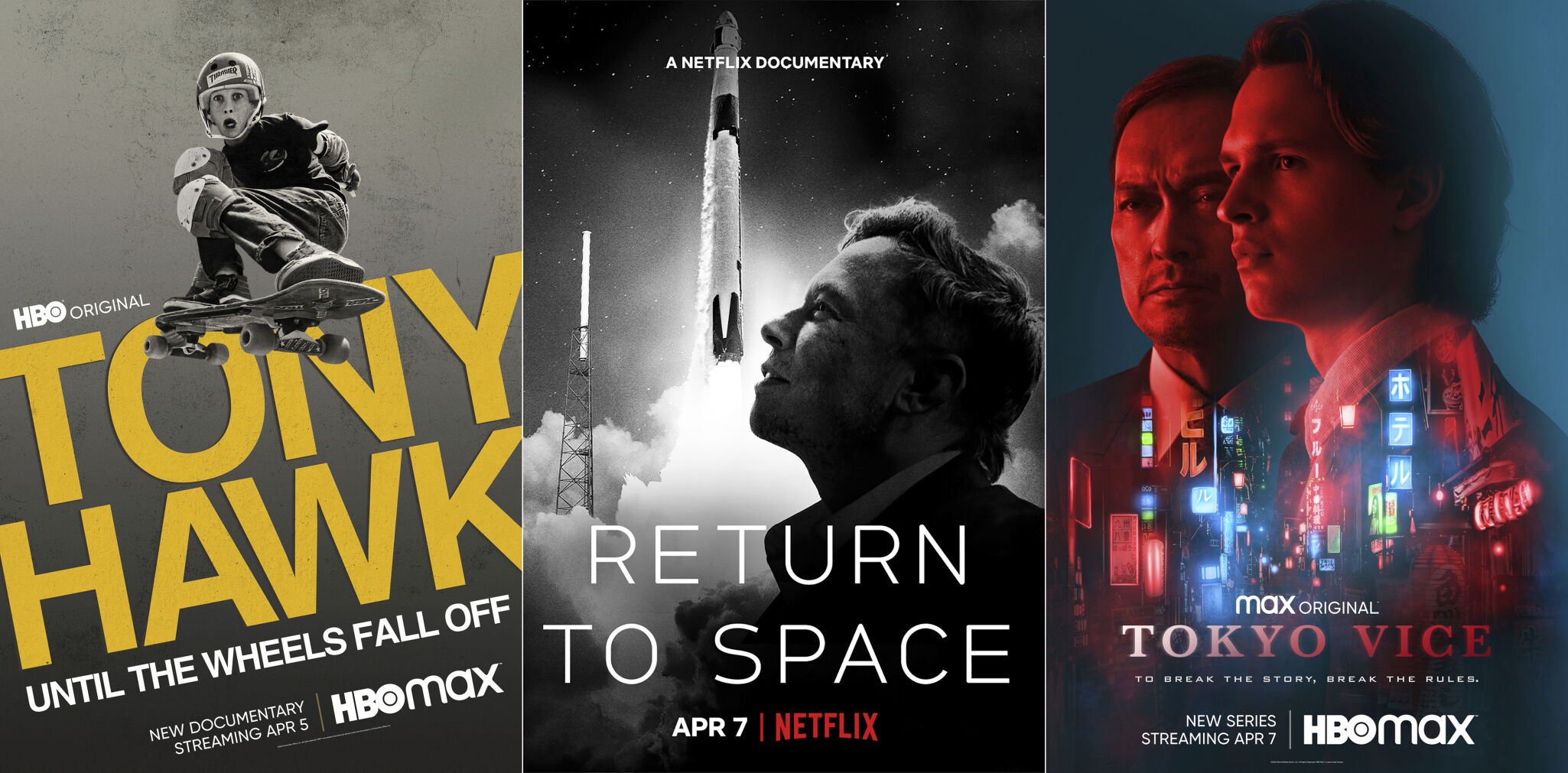 <p>This combination of photos shows promotional art for the documentary "Tony Hawk: Until the Wheels Fall Off," premiering April 5 on HBO Max, "Return to Space," a documentary premiering April 7 on Netflix and "Tokyo Vice," a series premiering April 7 on HBO Max. (HBO Max/Netflix/HBO Max via AP)</p>