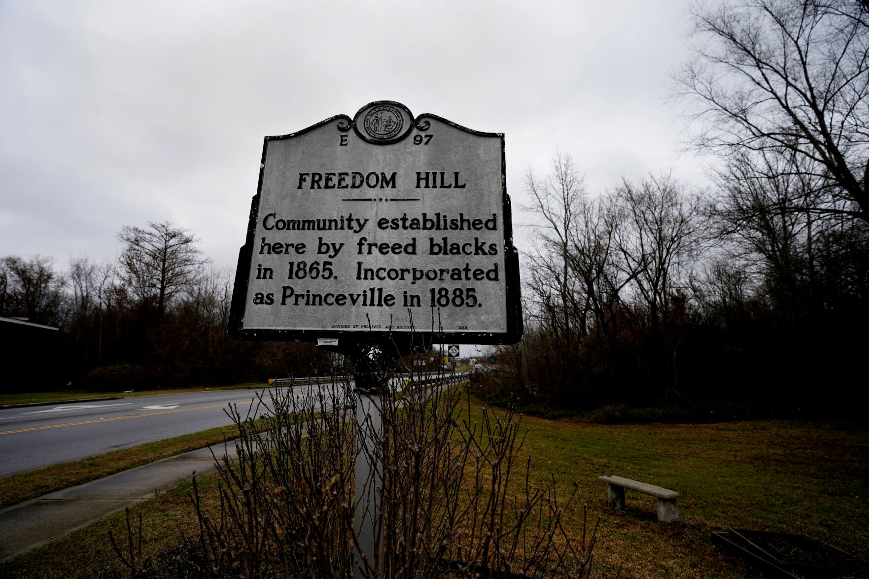 <p>A historical marker is displayed at the site of Freedom Hill in Princeville, N.C., Thursday, March 10, 2022. </p>