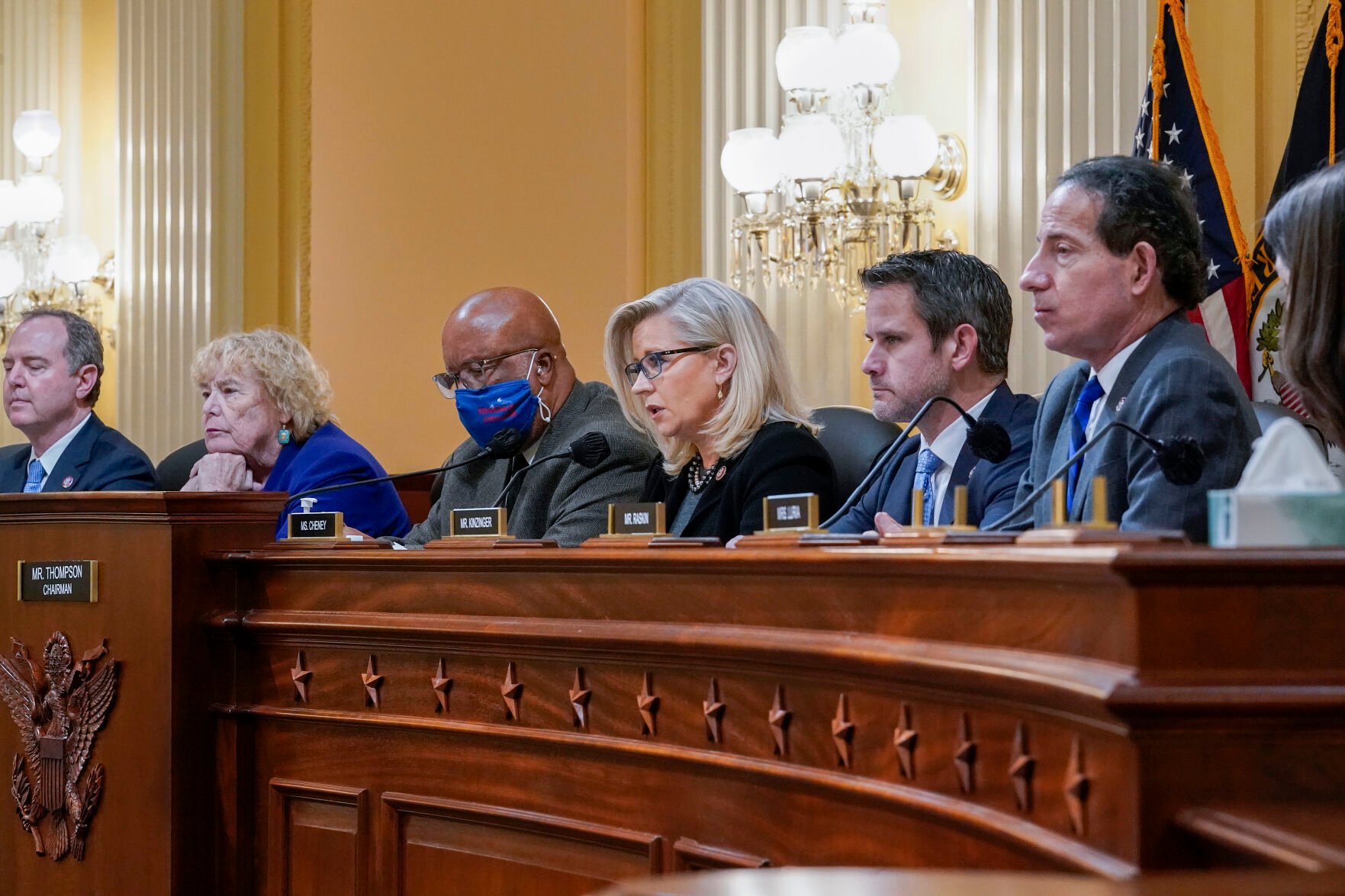 <p>The House panel investigating the Jan. 6 U.S. Capitol insurrection meets Wednesday, Dec. 1, 2021. From left are Rep. Adam Schiff, D-Calif., Rep. Zoe Lofgren, D-Calif., Chairman Bennie Thompson, D-Miss., Vice Chair Liz Cheney, R-Wyo., Rep. Adam Kinzinger, R-Ill., and Rep. Jamie Raskin, D-Md. </p>