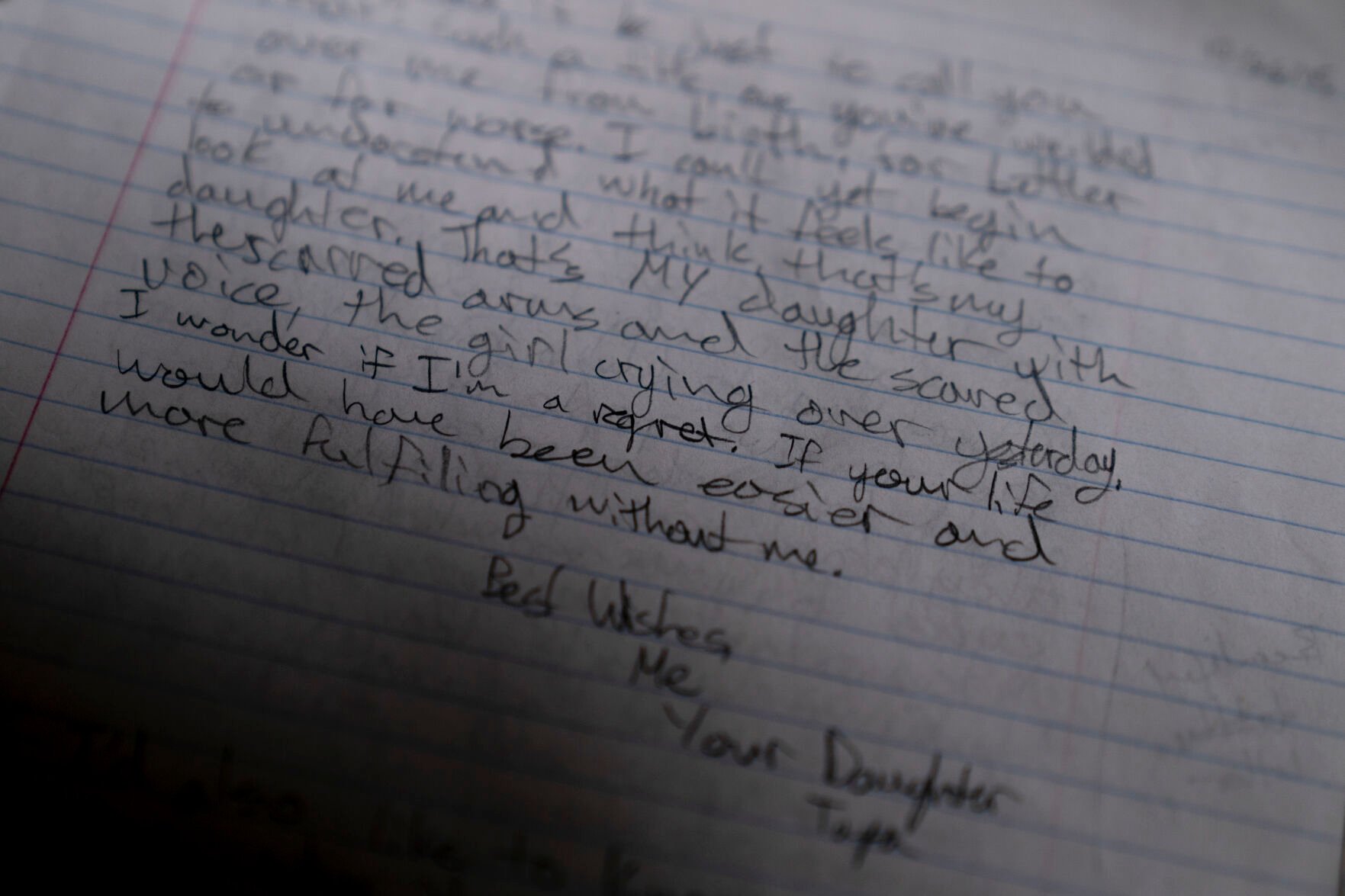 <p>Taya Bruell's journal that she kept as part of her literature class assignment is photographed in Santa Barbara, Calif., Wednesday, March 9, 2022. Taya was assigned to keep a journal. In it, she drew a disturbing portrait that showed self-harm and wrote about how much she hated her body and was hearing voices she wanted to silence. Her teacher read the assignment and wrote: "Taya, very thorough journal. I loved reading the entries. A+" Three months later in February 2016, Taya killed herself. </p>