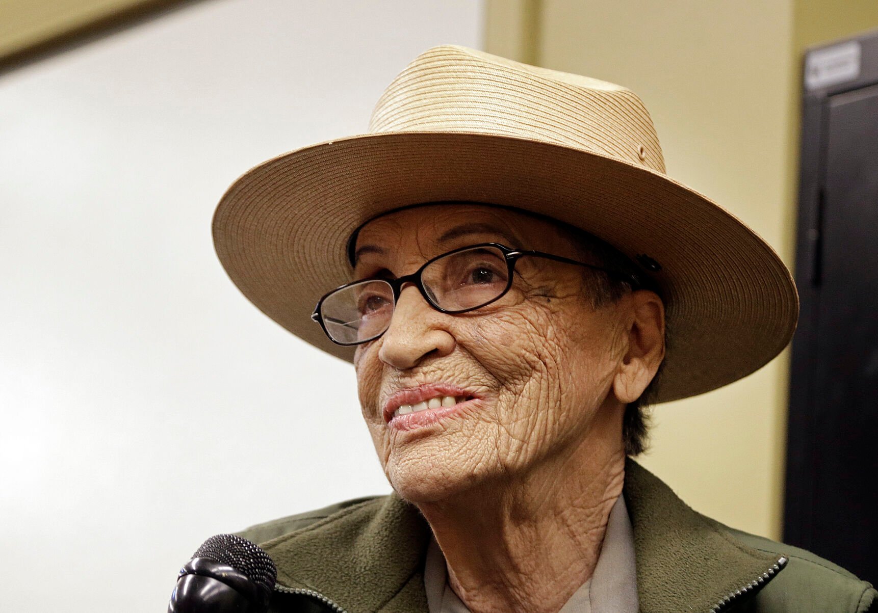 <p>FILE - National Park Service Ranger Betty Reid Soskin smiles during an interview at Rosie the Riveter World War II Home Front National Historical Park in Richmond, Calif., July 12, 2016. </p>