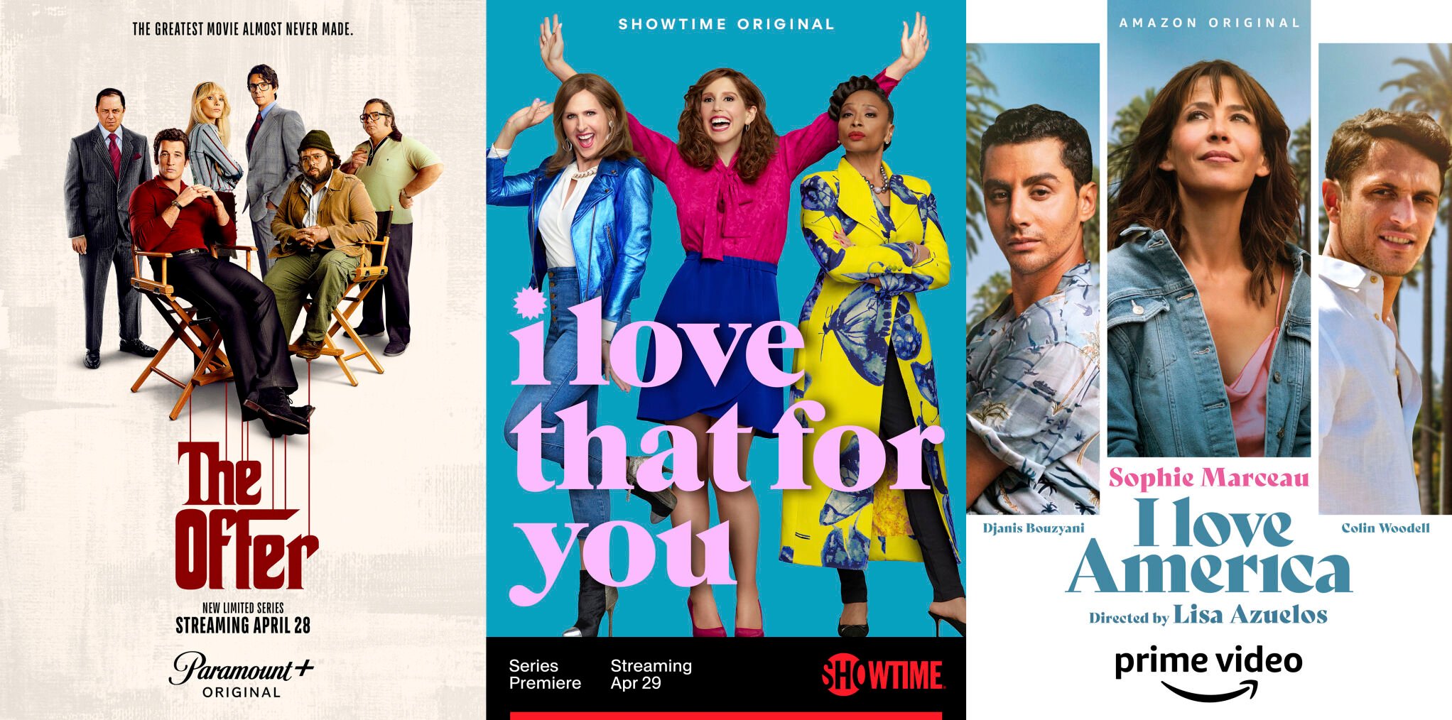 <p>This combination of photos shows promotional art for "The Offer," a series premiering April 28 on Paramount+, "I Love That for You," a series premiering April 29 on Showtime and "I Love America," a film premiering April 29 on Amazon Prime Video. (Paramount+/Showtime/Amazon Prime Video via AP)</p>
