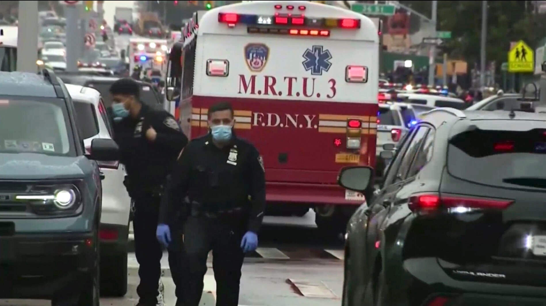 <p>This still image provided by WABC shows law enforcement gathering at the scene of a shooting in the Brooklyn borough of New York on Tuesday, April 12, 2022. Law enforcement sources say five people were shot.</p>