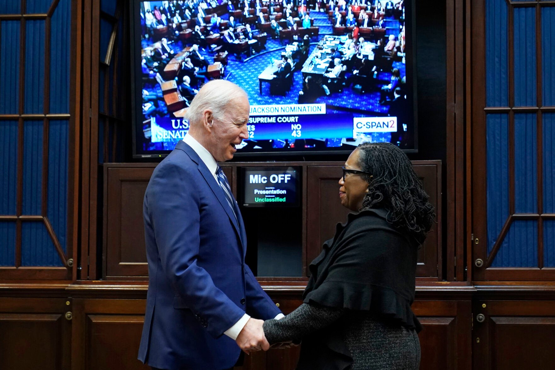 <p>President Joe Biden and Supreme Court nominee Judge Ketanji Brown Jackson watch as the senate votes on her confirmation from the Roosevelt Room of the White House in Washington, Thursday, April 7, 2022. </p>