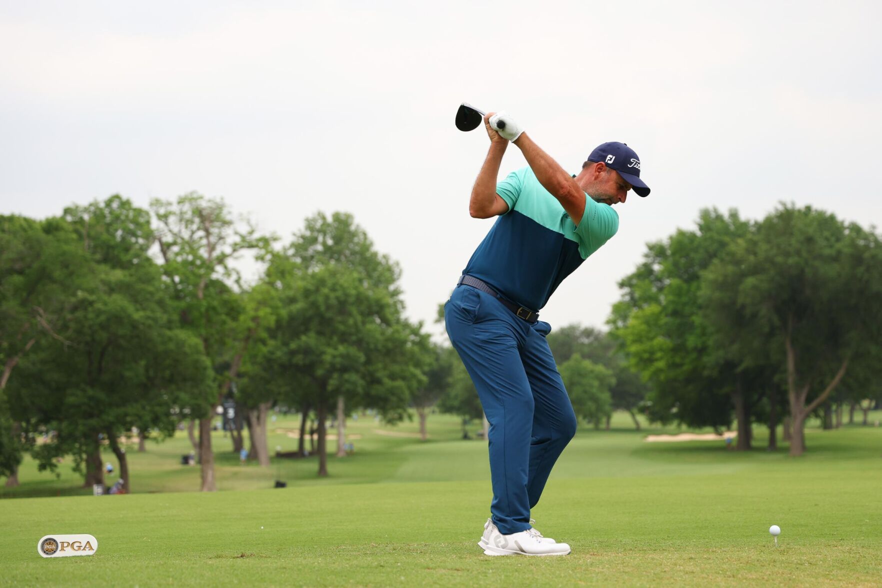 <p>Richard Bland of England plays his shot from the third tee during the second round of the 2022 PGA Championship on May 20, in Tulsa, Oklahoma.</p>