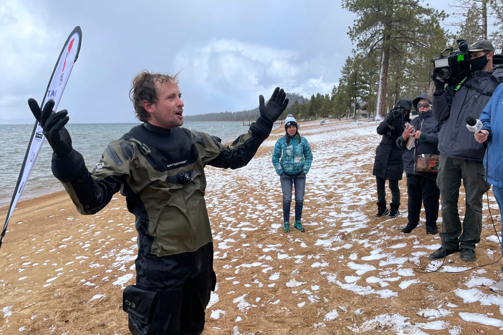 <p>Colin West, founder and executive director of Clean Up the Lake, speaks with reporters at the end of the year-long Lake Tahoe cleanup in Stateline, Nev., Tuesday, May 10, 2022. </p>