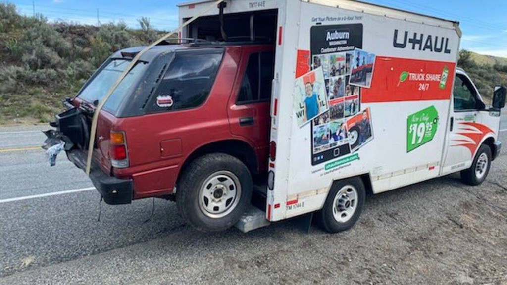 Driver Caught With Suv Hanging Out Back Of U Haul Truck In Washington State
