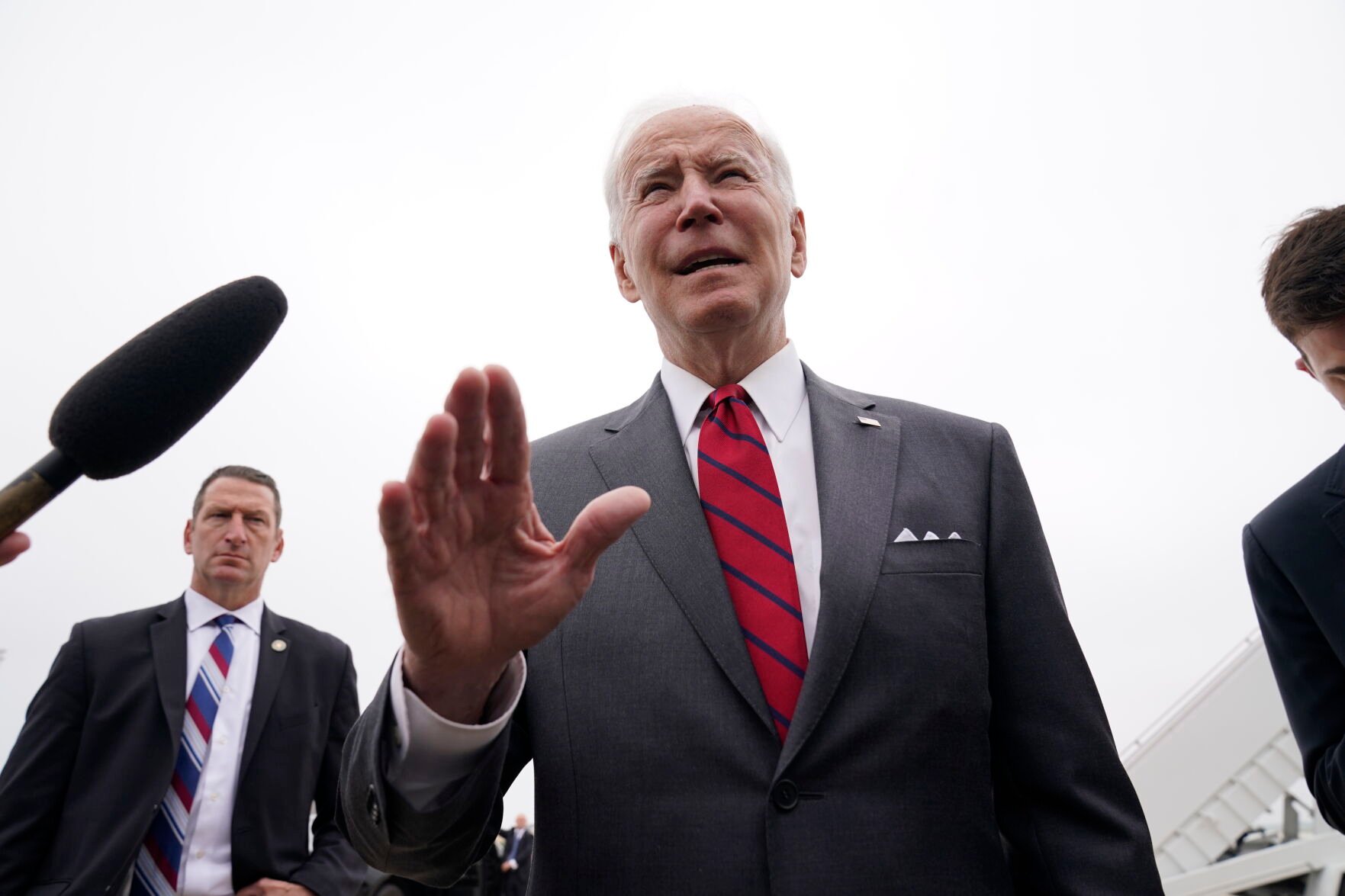 <p>President Joe Biden speaks to the media before boarding Air Force One for a trip to Alabama to visit a Lockheed Martin plant, Tuesday, May 3, 2022, in Andrews Air Force Base, Md. </p>