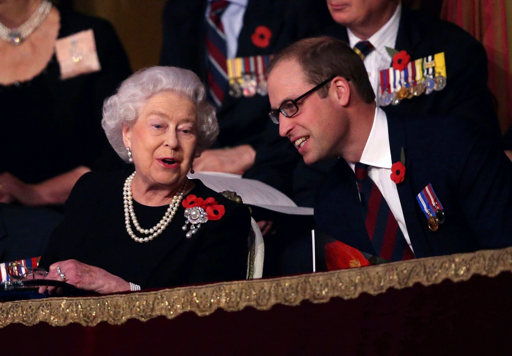 <p>FILE - Britain's Queen Elizabeth II, left, attends the annual Festival of Remembrance with Prince Philip, Prince William, right and Kate, the Duchess of Cambridge, in London, England, Saturday, Nov. 7, 2015. </p>