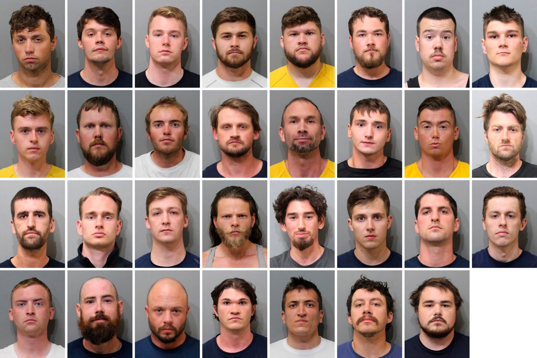 <p>These booking images provided by the Kootenai County Sheriff’s Office show the 31 members of the white supremacist group Patriot Front who were arrested after they were found packed into the back of a U-Haul truck with riot gear near an LGBTQ pride event in Coeur d’Alene, Idaho, on Saturday, June 11, 2022. Top row, from left, are Jared Boyce, Nathan Brenner, Colton Brown, Josiah Buster, Mishael Buster, Devin Center, Dylan Corio, and Winston Durham. Second row, from left, are Garret Garland, Branden Haney, Richard Jessop, James Julius Johnson, James Michael Johnson, Connor Moran, Kieran Morris and Lawrence Norman. Third row, from left, are Justin O'leary, Cameron Pruitt, Forrest Rankin, Thomas Rousseau, Conor Ryan, Spencer Simpson, Alexander Sisenstein and Derek Smith. Bottom row, from left, are Dakota Tabler, Steven Tucker, Wesley Van Horn, Mitchell Wagner, Nathaniel Whitfield, Graham Whitsom and Robert Whitted. </p>