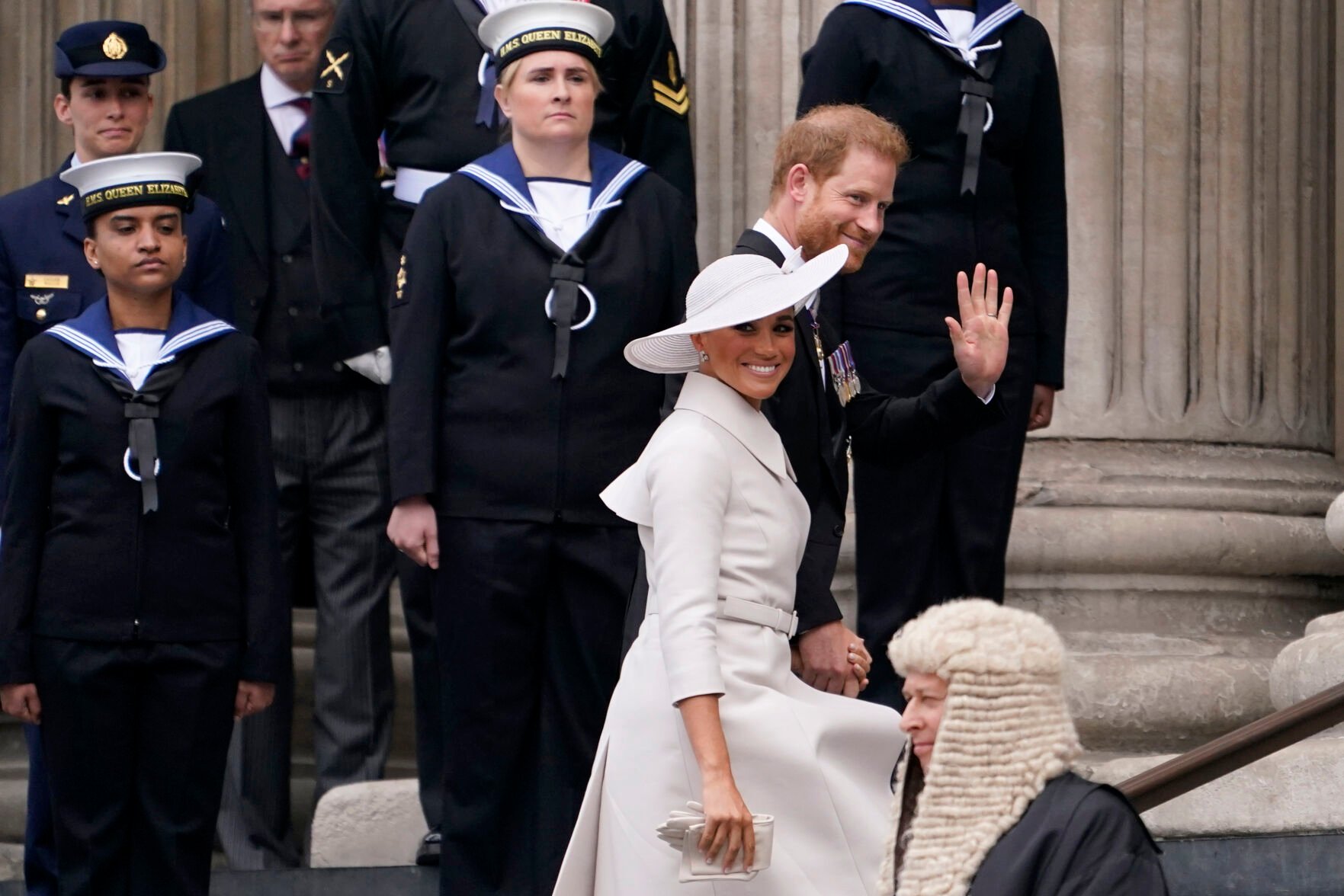 <p>Prince Harry and his wife Meghan, Duchess of Sussex, arrive Friday for a service of thanksgiving for the reign of Queen Elizabeth II at St Paul's Cathedral in London on the second of four days of celebrations to mark the Platinum Jubilee. The events over a long holiday weekend in the U.K. are meant to celebrate the monarch's 70 years of service.</p>