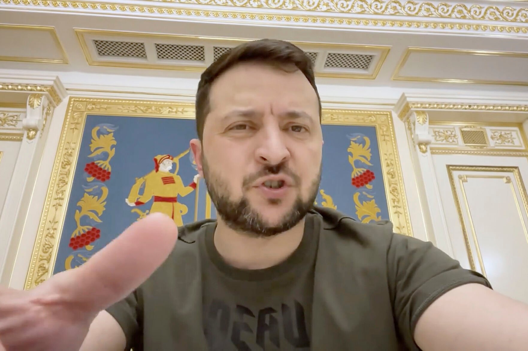 <p>In this image from video provided by the Ukrainian Presidential Press Office, Ukrainian President Volodymyr Zelenskyy speaks from Kyiv, Ukraine, June 2, 2022. The address came on the 99th day of the Russian invasion and war in Ukraine.</p>