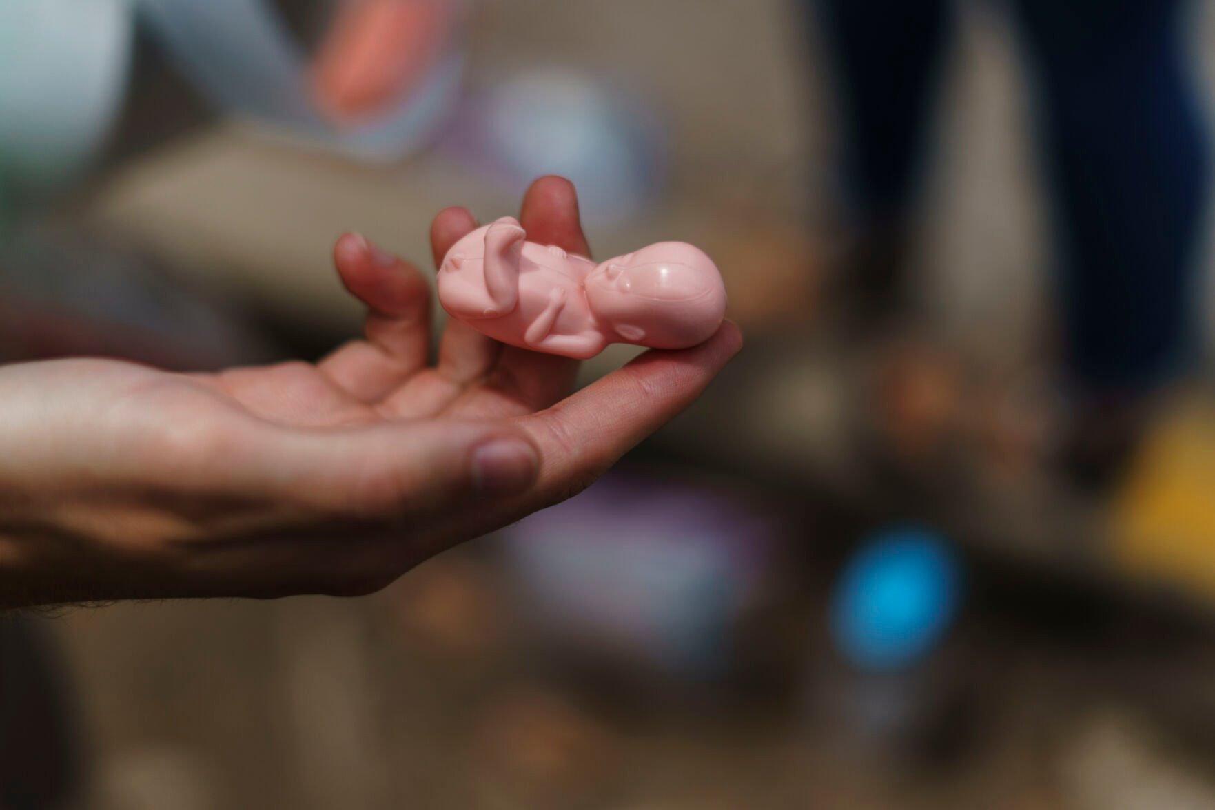 <p>A member of the anti-abortion group, A Moment of Hope, holds a plastic model of a fetus 12 weeks into its development, as part of a gift bag they try to hand out to patients arriving for abortion appointments at a Planned Parenthood clinic, Friday, May 27, 2022, in Columbia, S.C. </p>