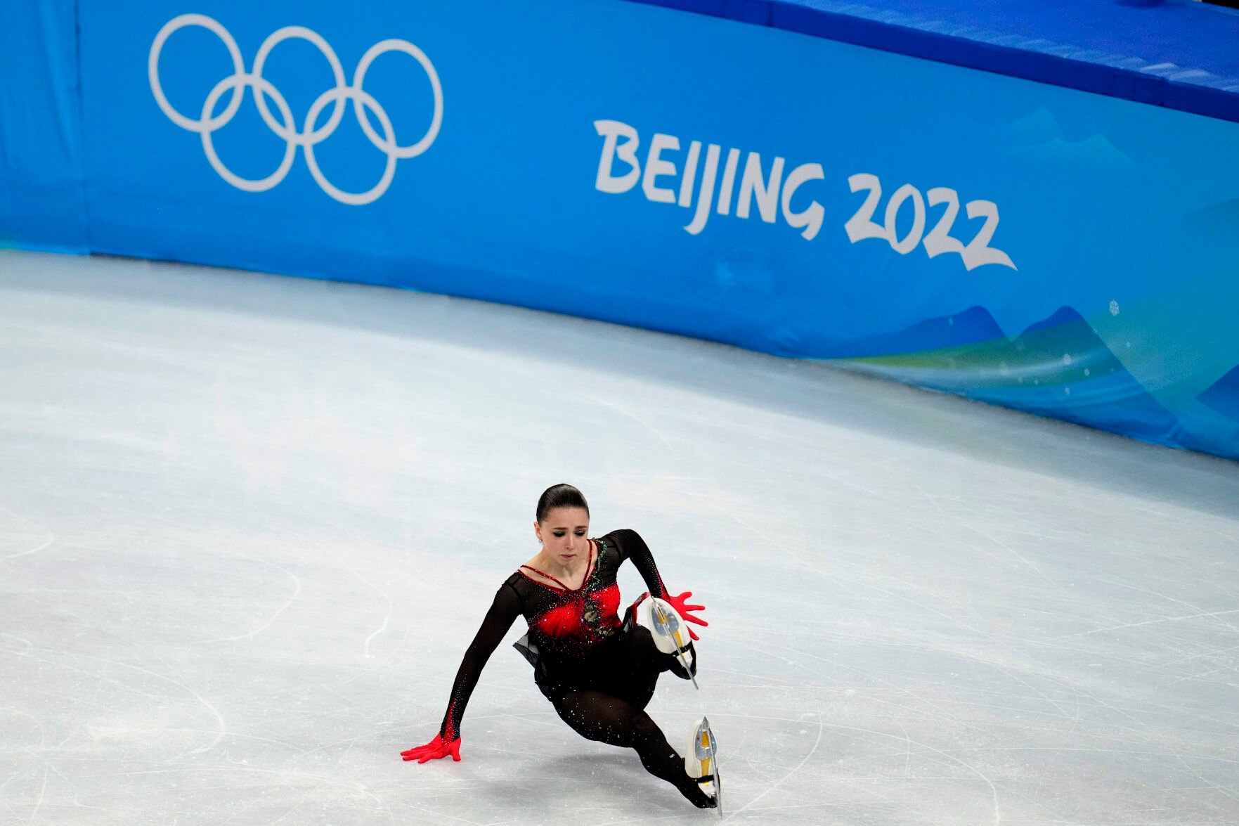 <p>FILE - Kamila Valieva, of the Russian Olympic Committee, falls in the women's free skate program during the figure skating competition at the 2022 Winter Olympics, Thursday, Feb. 17, 2022, in Beijing. No 15-year-old figure skaters will be allowed to compete at the 2026 Olympics following the controversy surrounding Russian competitor Kamila Valieva at this year's Beijing Games. A new age limit for figure skaters at senior international events was passed Tuesday, June 7, 2022 by the International Skating Union in a 110-16 vote that will raise the minimum age to 17 before the next Winter Olympics in Milan-Cortina d’Ampezzo, Italy. (AP Photo/Natacha Pisarenko, File)</p>
