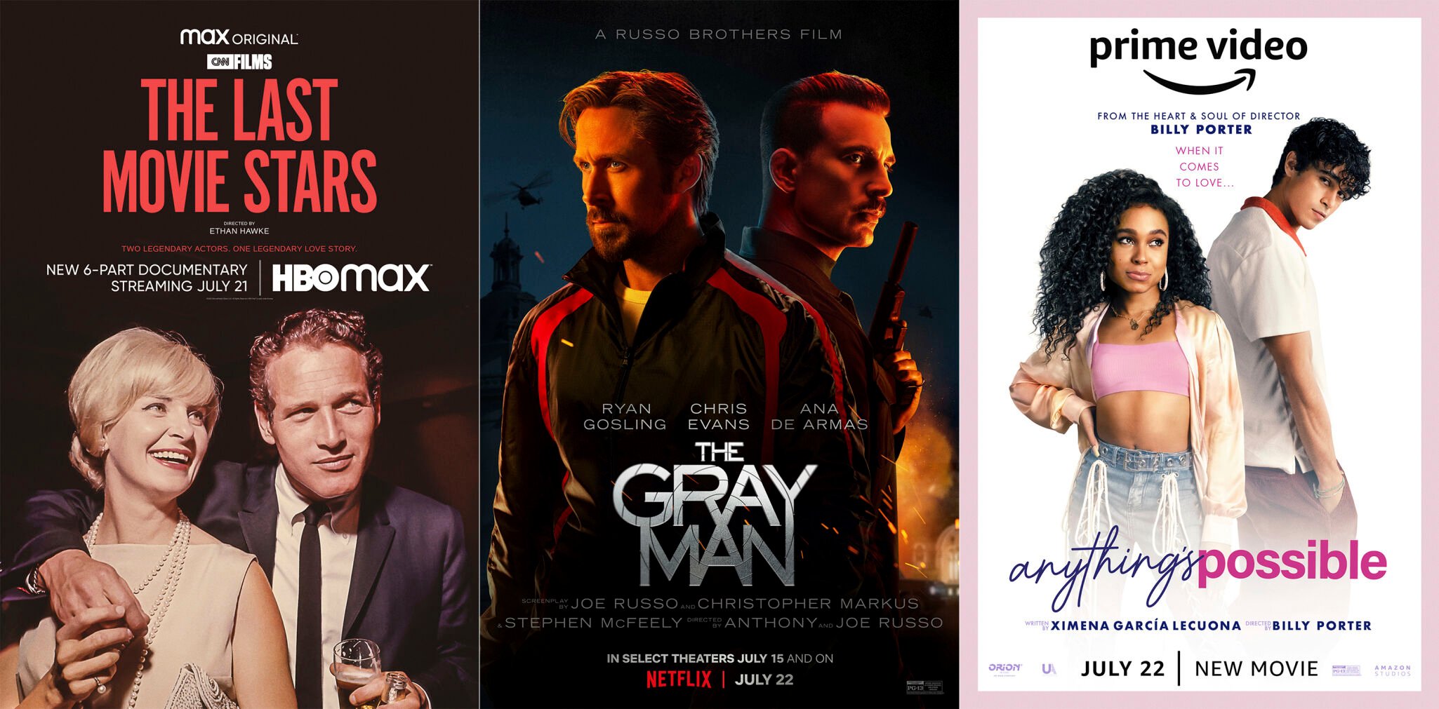 <p>This combination of images shows promotional art for "The Last Movie Stars," a documentary streaming on HBO Max on July 21, left, "The Gray Man," a film premiering July 22 on Netflix and "Anything's Possible, a film premiering on Amazon Prime Video on July 22. (HBO Max/Netflix/Prime Video via AP)</p>