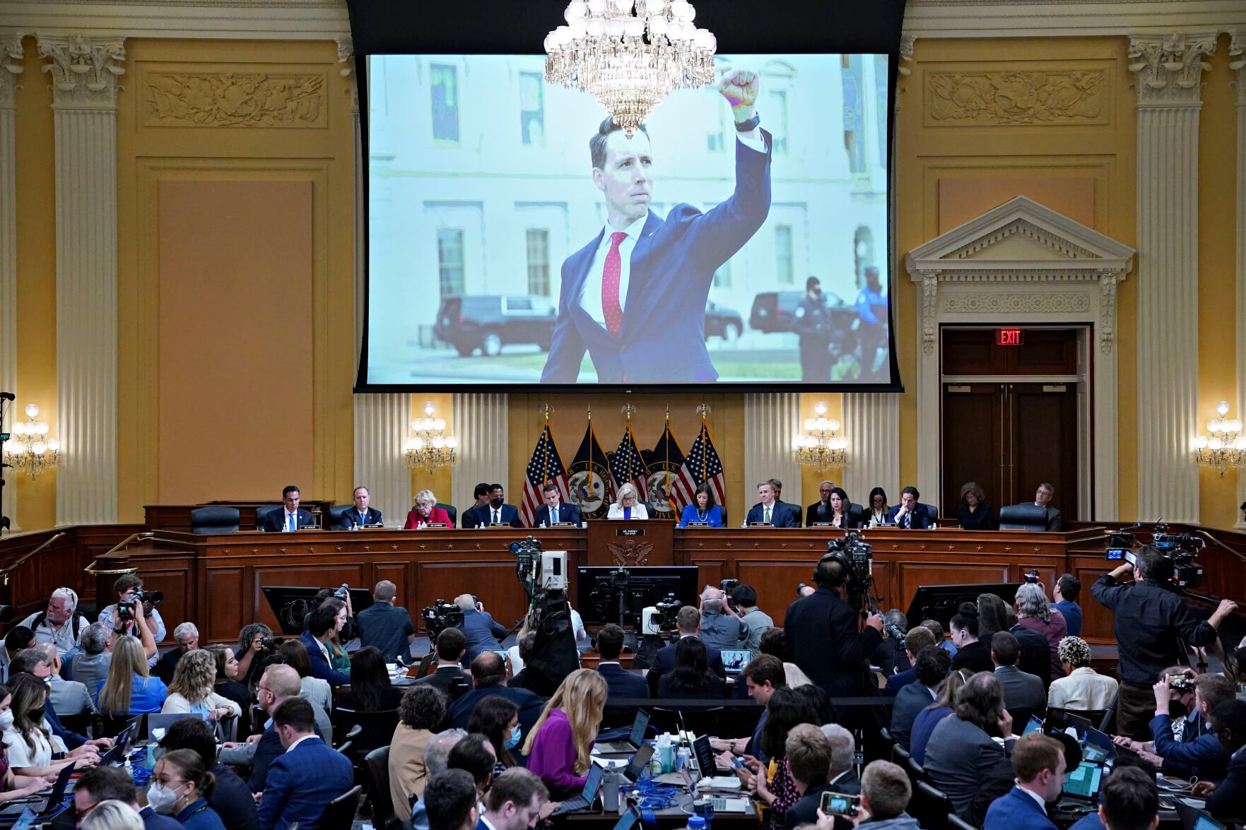 <p>A photo of Sen. Josh Hawley, R-Mo., is displayed on a screen as the House select committee investigating the Jan. 6 attack on the U.S. Capitol holds a hearing at the Capitol in Washington, Thursday, July 21, 2022.</p>