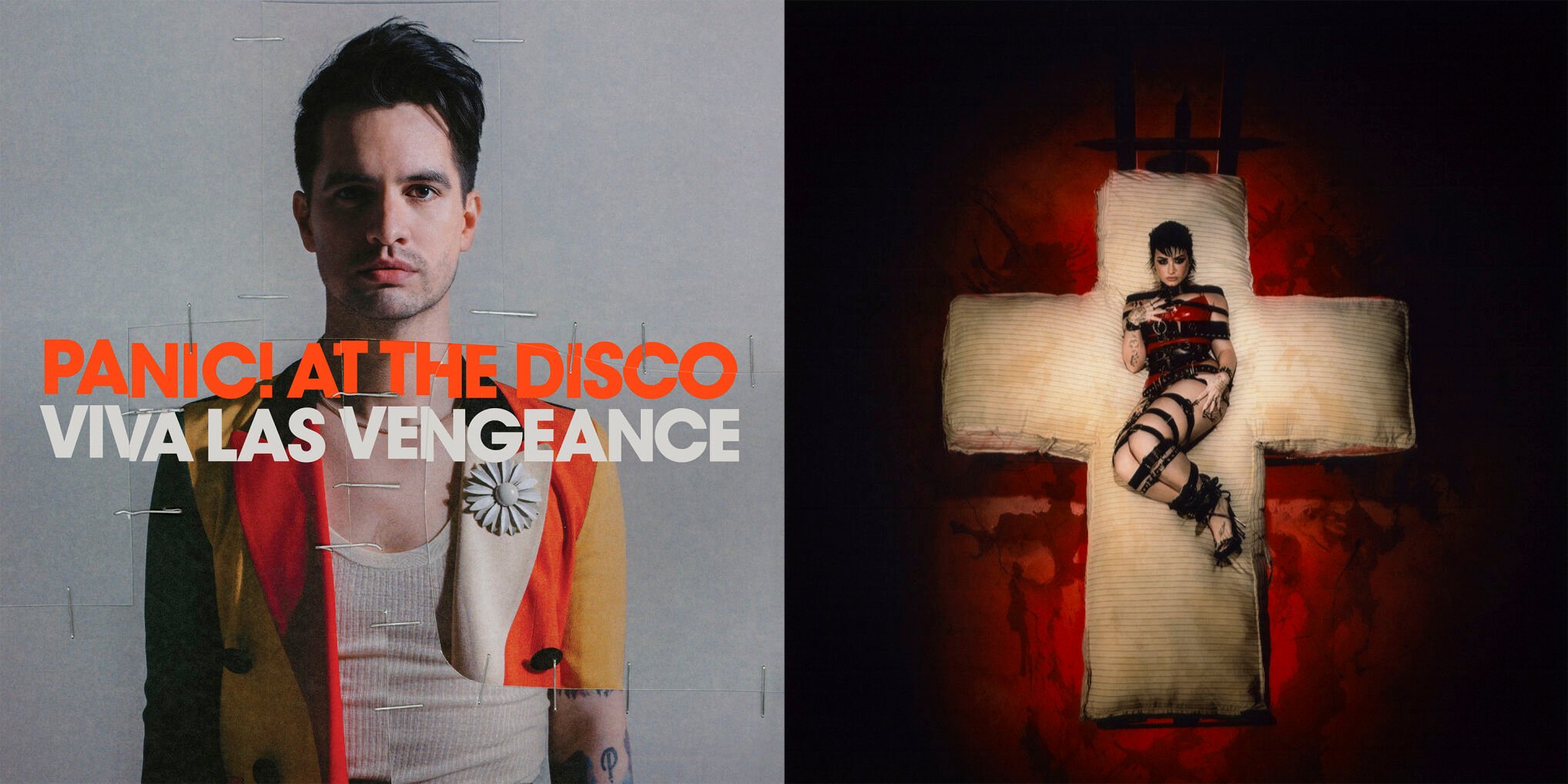 <p>This combination photo shows album art for "Viva Las Vengeance" by Panic at the Disco, left, and the latest album by Demi Lovato. (Fueled by Ramen/DCD2 Records via AP, left, and Island Records via AP)</p>