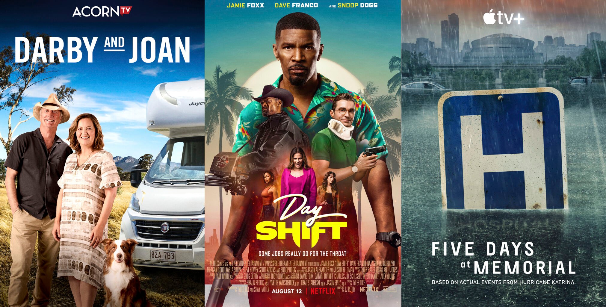 <p>This combination of photos shows promotional art for "Darby and Joan," a series premiering Aug. 8 on Acorn, left; "Day Shift," a film premiering Aug. 12 on Netflix, center; and “Five Days at Memorial," a limited series premiering Aug. 12 on Apple TV+.</p>