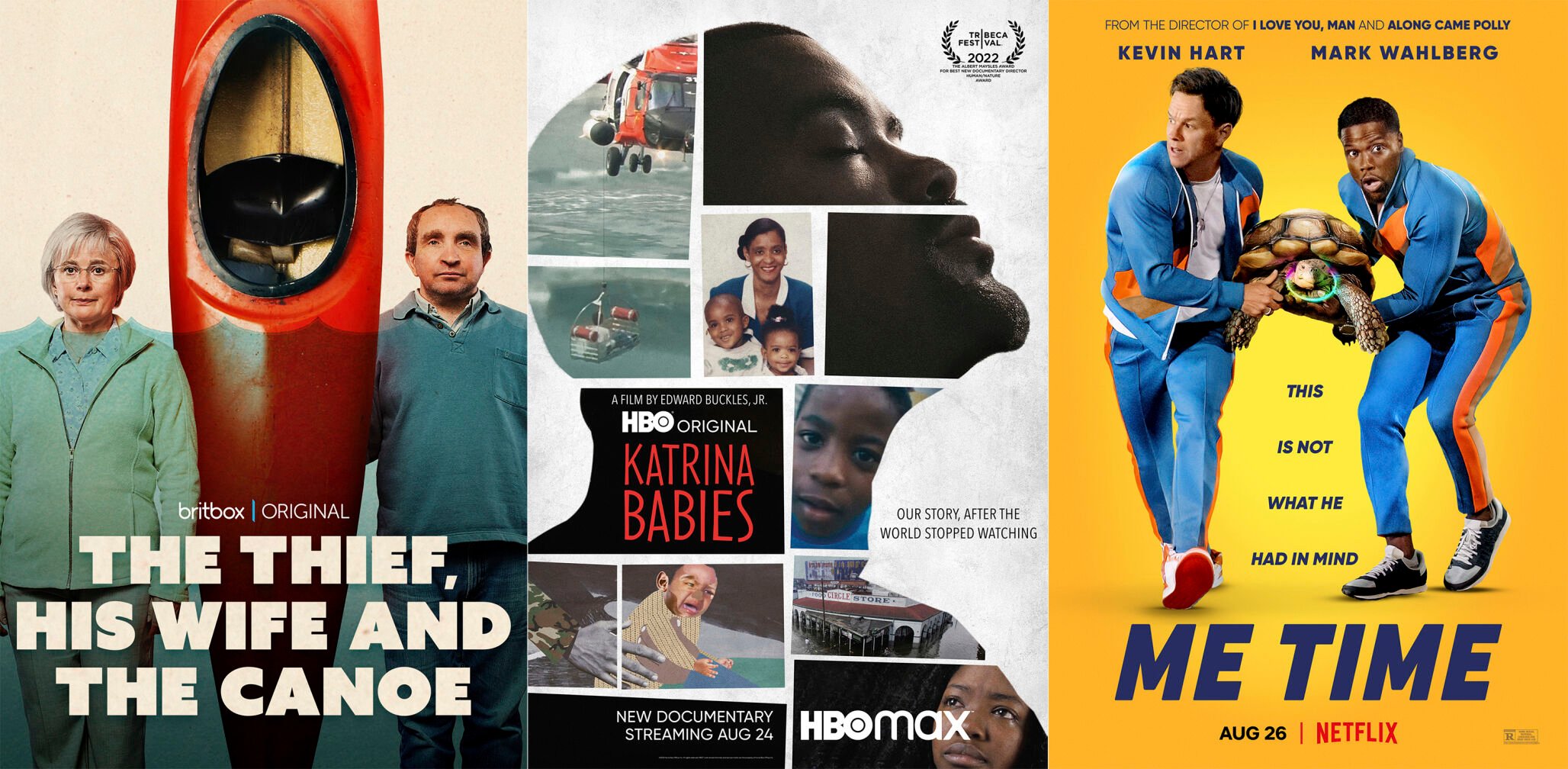 <p>This combination of photos shows promotional art for "The Thief, His Wife & The Canoe," a miniseries premiering Aug. 23 on BritBox, left, “Katrina Babies," a documentary premiering Aug. 24 on HBO and HBO Max, center, and "Me Time," a comedy premiering Aug. 26 on Netflix. (BritBox/HBO Max/Netflix via AP)</p>