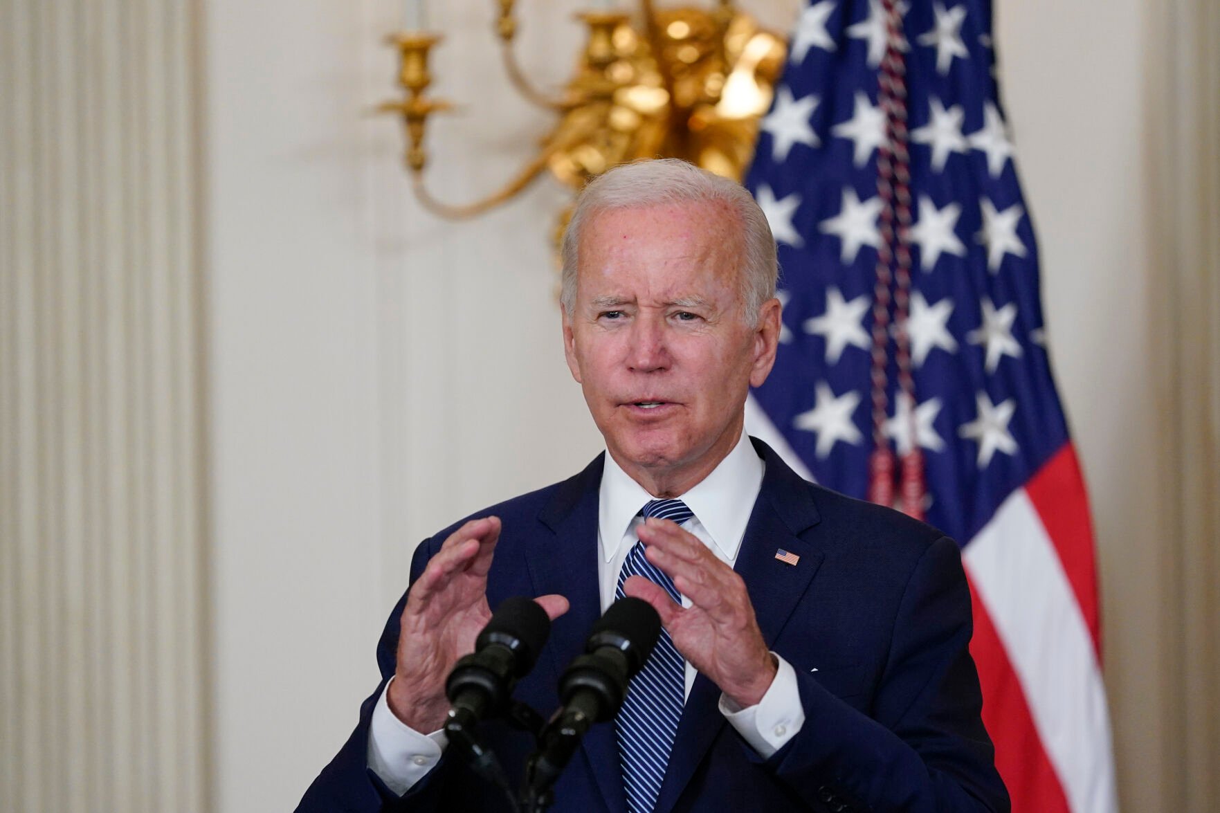 <p>FILE - President Joe Biden speaks before signing the Democrats' landmark climate change and health care bill in the State Dining Room of the White House in Washington, Aug. 16, 2022. </p>