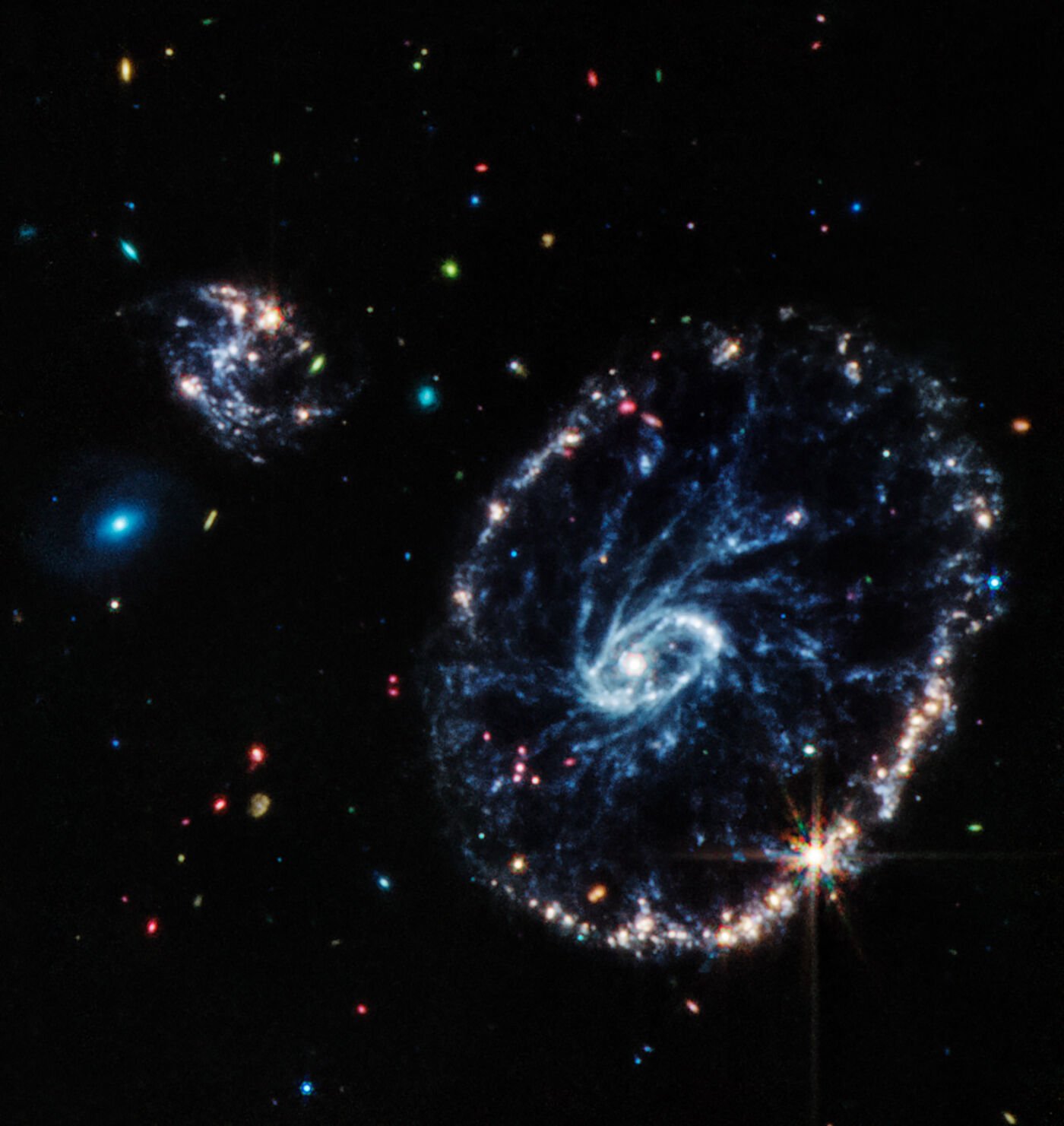 <p>This image from the James Webb Space Telescope shows the structure of the Cartwheel galaxy.</p>