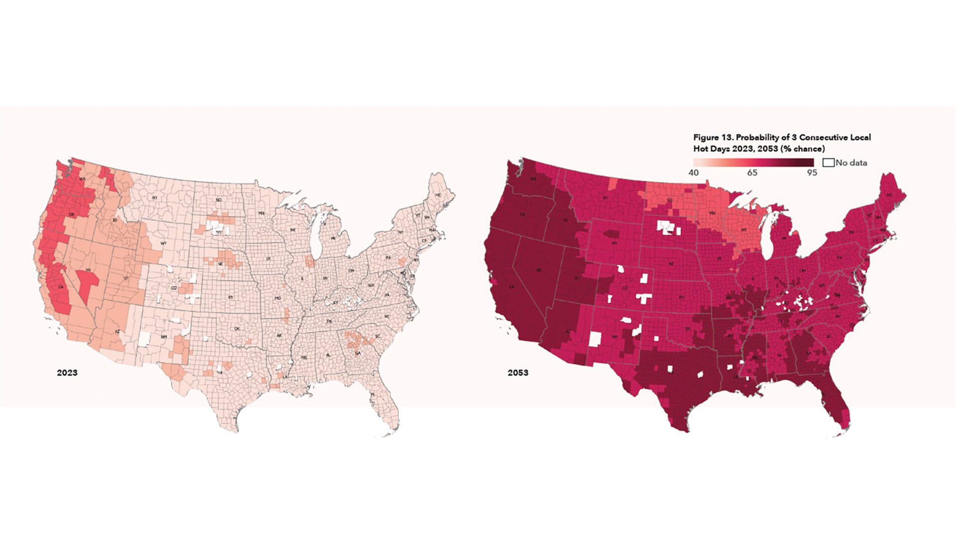 <p>This graphic from the study shows the probability of three consecutive "Local Hot Days" in 2023 and 2053.</p>