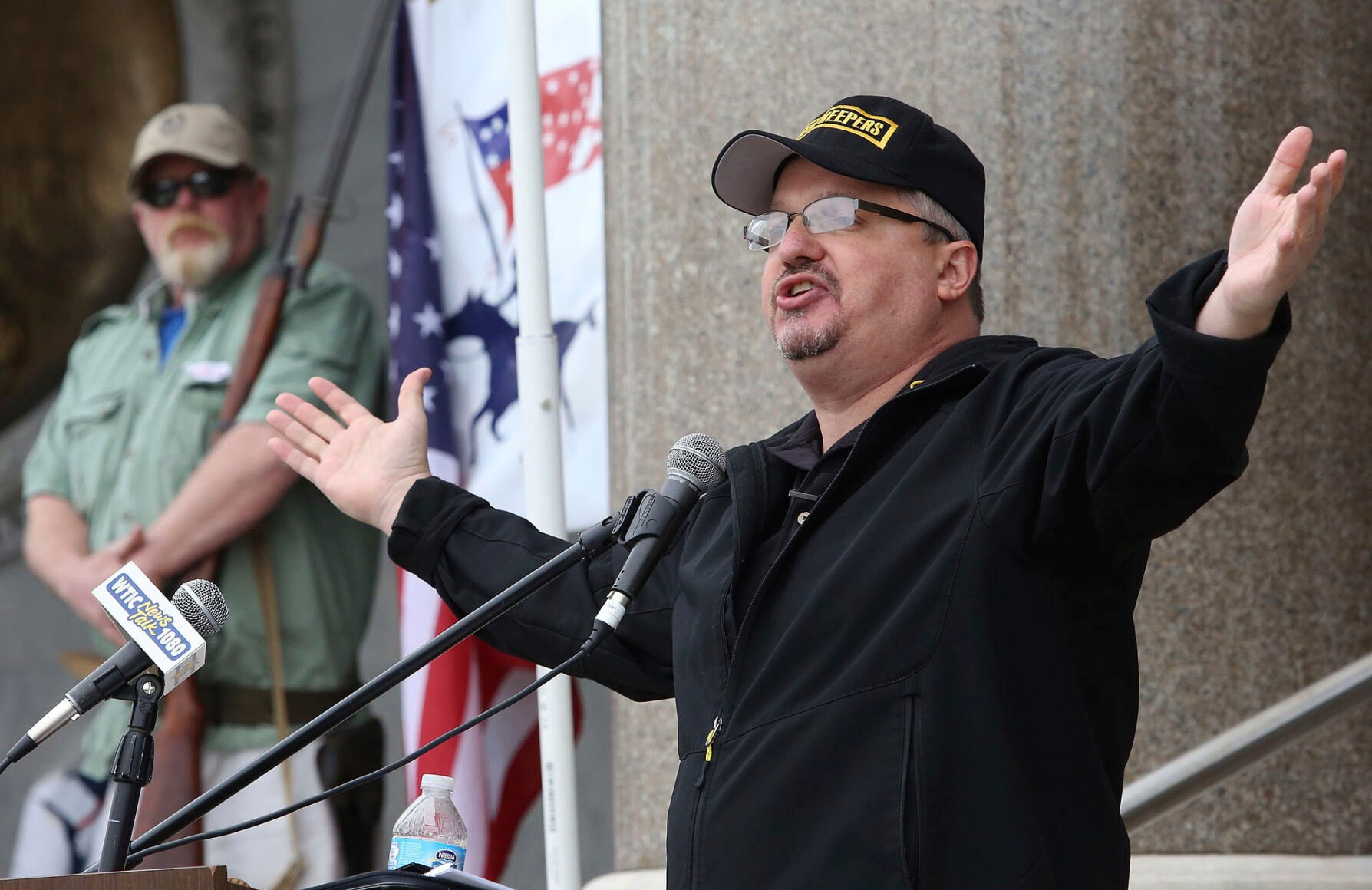 <p>Stewart Rhodes, the founder of Oath Keepers, speaks during a gun rights rally at the Connecticut State Capitol in Hartford, Conn., April 20, 2013.</p>