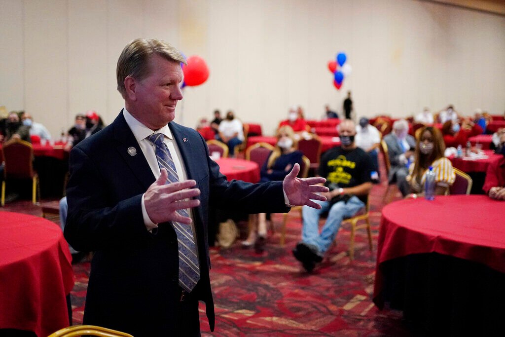 <p>FILE - Jim Marchant, who is a Nevada secretary of candidate in 2022, attends a Republican election night watch party Nov. 3, 2020, in Las Vegas. </p>