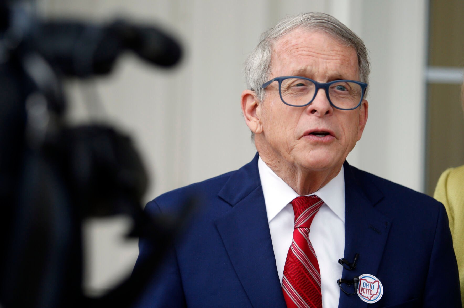 <p>FILE - Ohio Gov. Mike DeWine talks with reporters in Cedarville, Ohio, May 3, 2022. </p>