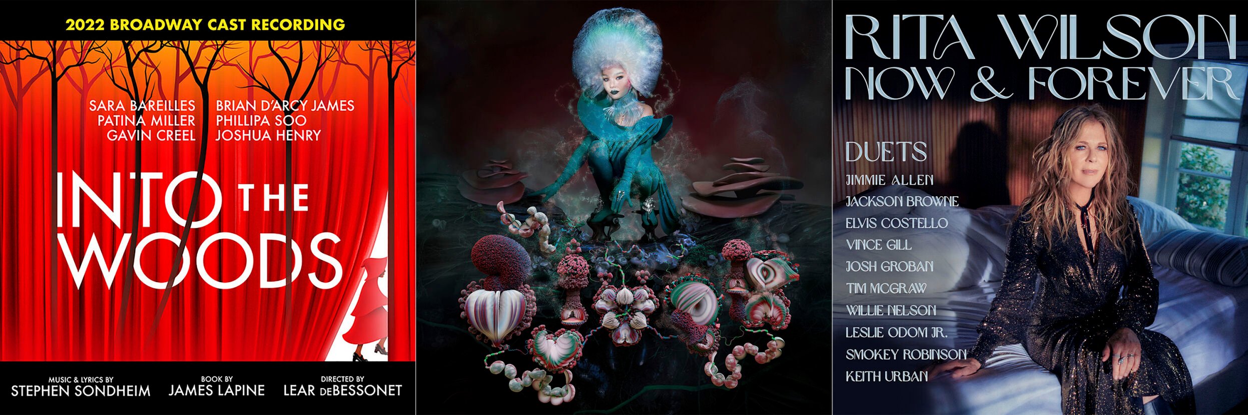<p>This combination of images shows album art for “Into the Woods," a 2022 Broadway Cast recording, left, “Fossora, by Björk, center, and “Rita Wilson Now & Forever: Duets." (Concord Theatricals- Craft Recordings/One Little Independent Records/Sing It Loud Records via AP)</p>