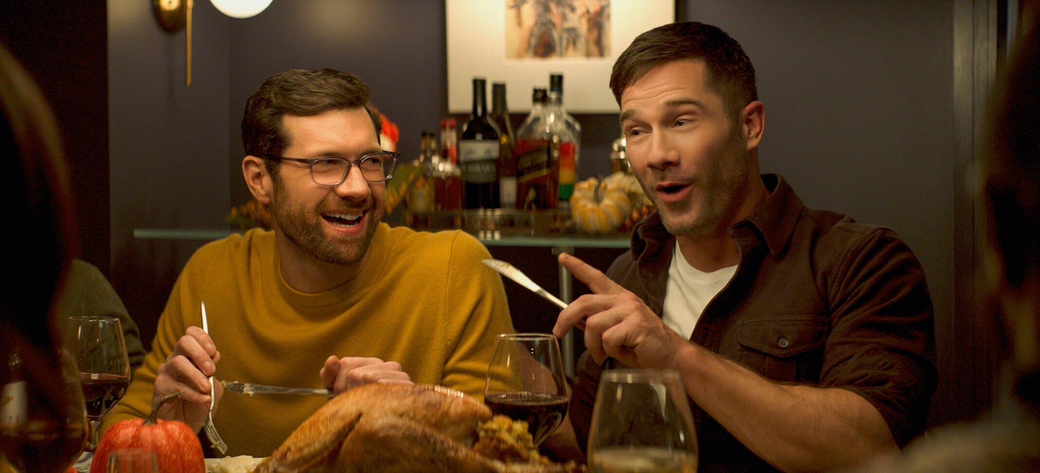 <p>This image released by Universal Pictures shows Billy Eichner, left, and Luke Macfarlane in a scene from "Bros." (Universal Pictures via AP)</p>