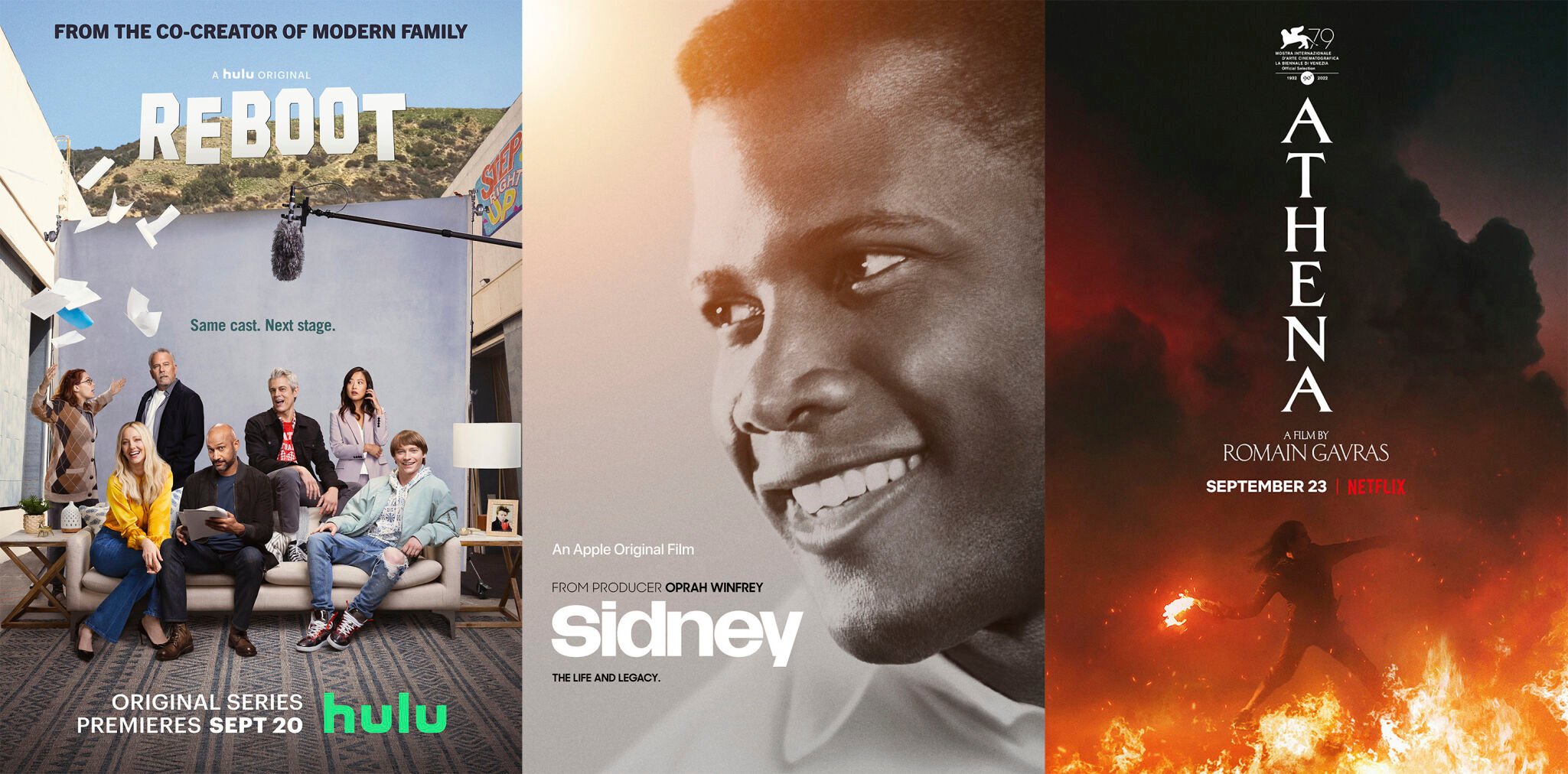 <p>This combination of photos shows promotional art for "Reboot," a series premiering Sept. 20 on Hulu, from left, "Sidney" a documentary about Sidney Poitier premiering Sept. 23, and "Athena," a film premiering Sept. 23 on Netflix. (Hulu/Apple/Netflix via AP)</p>