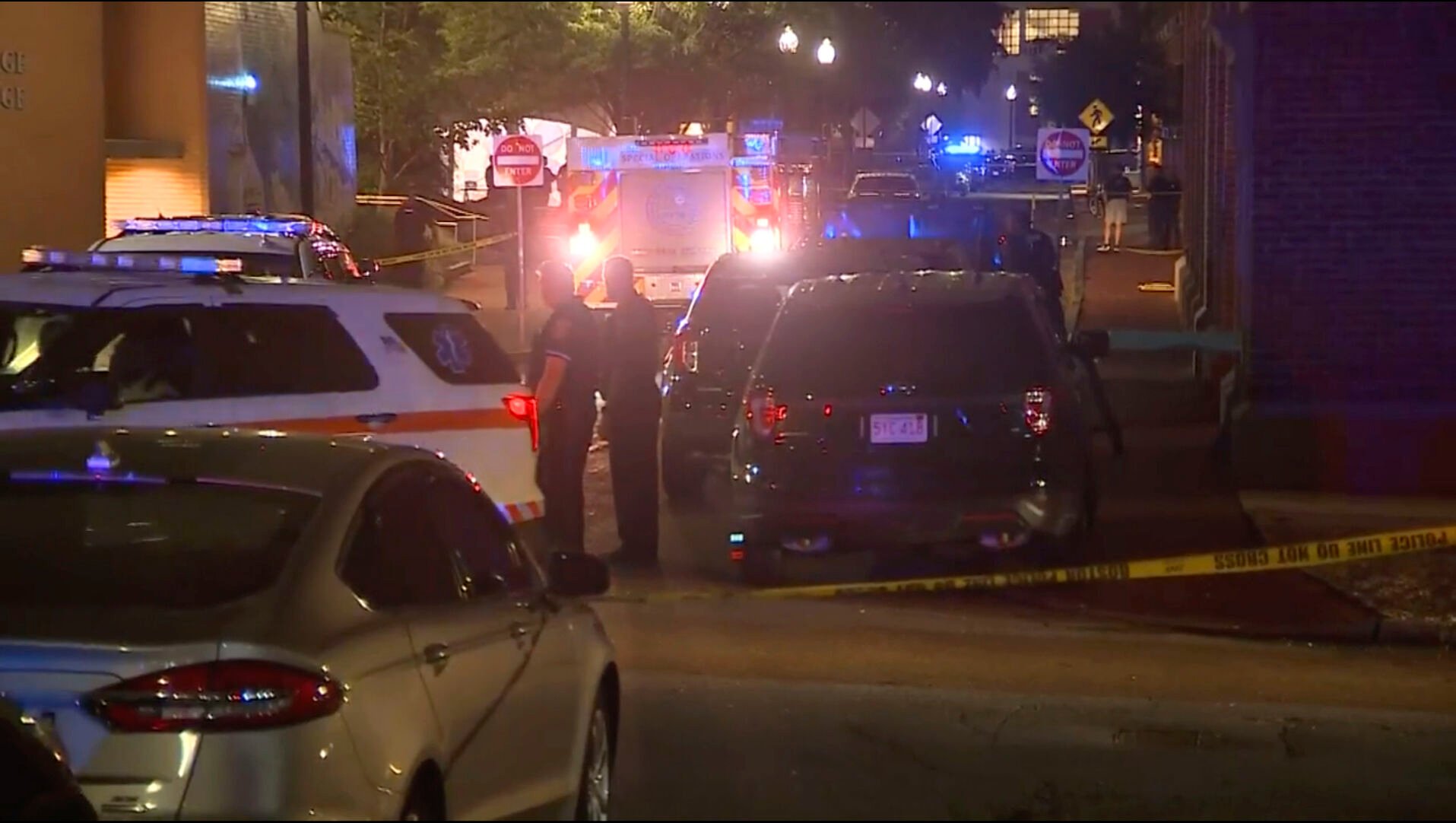 <p>Police and emergency personnel respond the scene of an explosion in Boston, Tuesday, Sept. 13, 2022. A package exploded on the campus of Northeastern University and the college said a staff member suffered minor injuries. (WCVB via AP)</p>