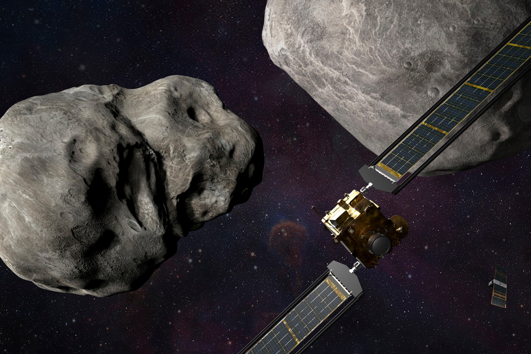 <p>This illustration made available by Johns Hopkins APL and NASA depicts NASA's DART probe, foreground right, and Italian Space Agency's LICIACube, bottom right, at the Didymos system before impact with the asteroid Dimorphos, left.</p>