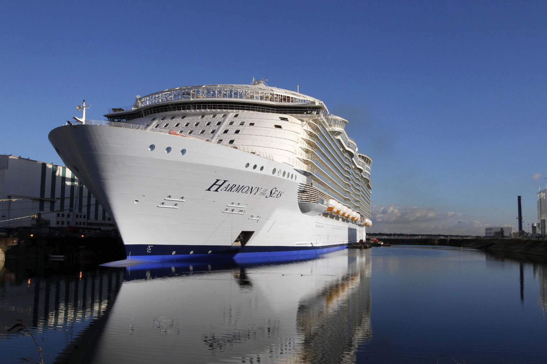 <p>The "Harmony of the Seas" under construction, docks Thursday Feb. 18, 2016 at the STX Shipyard in Saint-Nazaire, western France. </p>