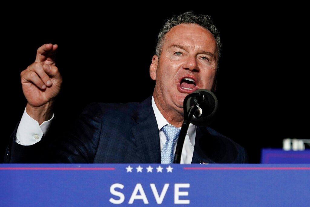 <p>FILE - Wisconsin Republican gubernatorial candidate Tim Michels speaks as he appears with former President Donald Trump at a rally in Waukesha, Wis., on Aug. 5, 2022. </p>