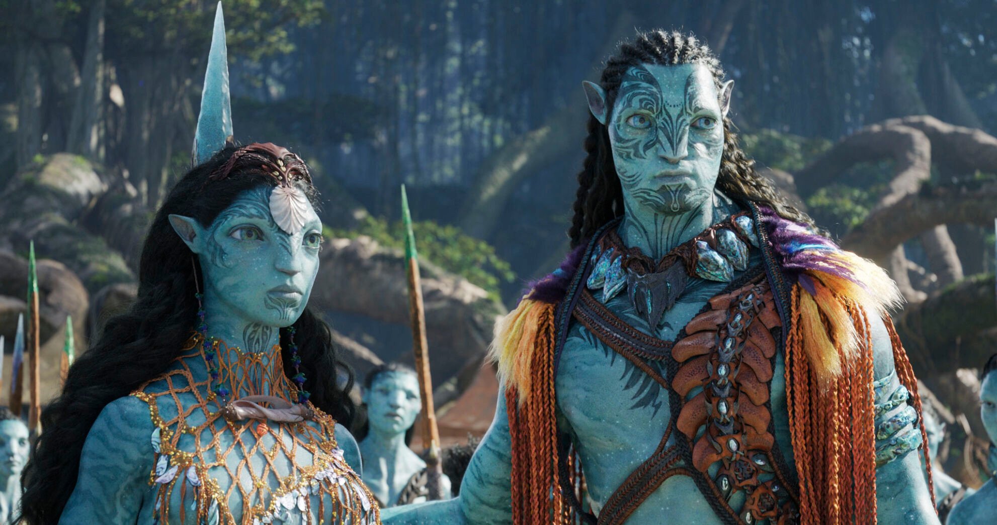 <p>This image released by 20th Century Studios shows Ronal, voiced by Kate Winslet, left, and Tonowari, voiced by Cliff Curtis in a scene from "Avatar: The Way of Water." (20th Century Studios via AP)</p>