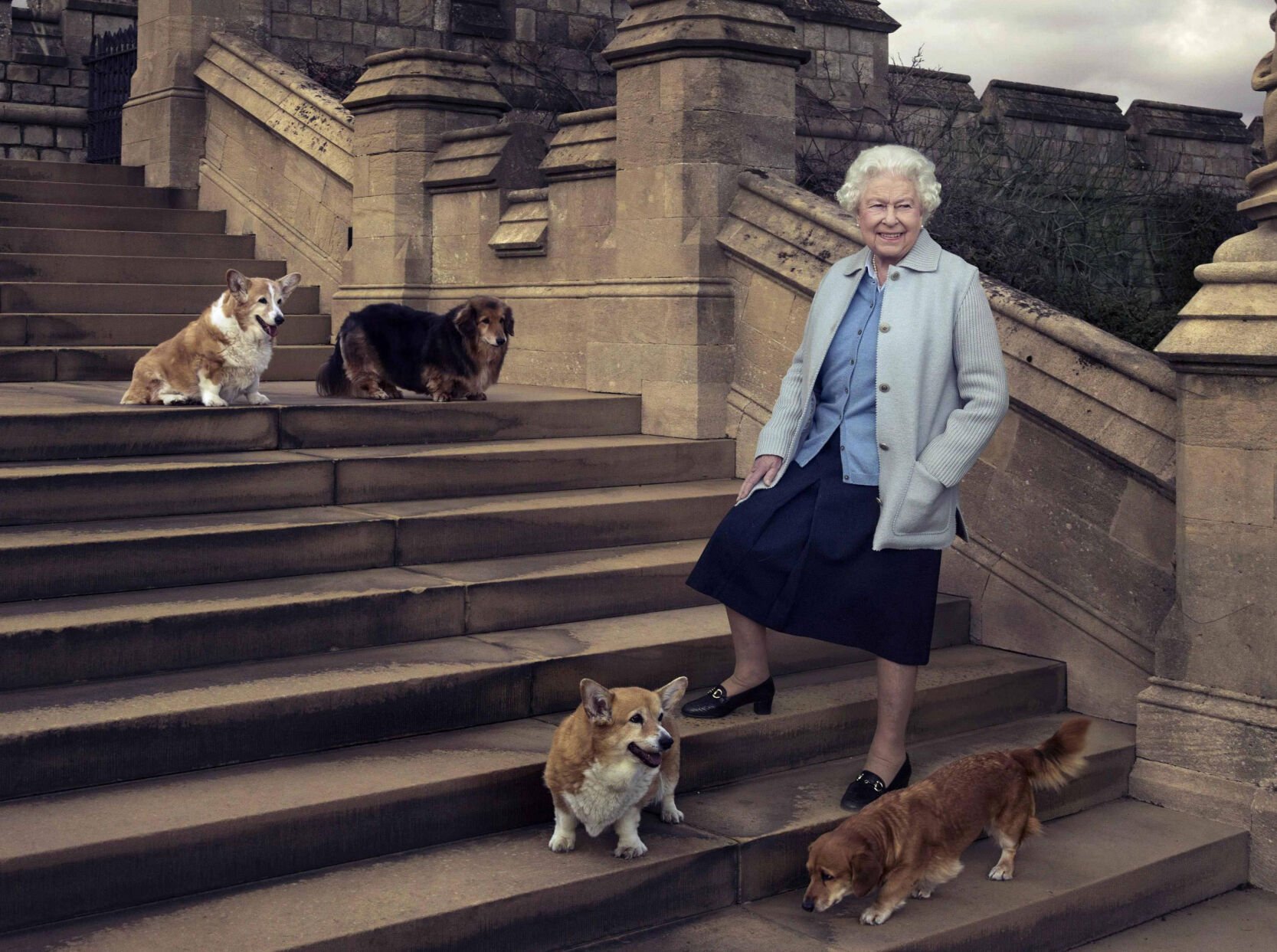 <p>In this image taken by Annie Leibowitz in April 2016 to mark the Queen's 90th birthday, she is pictured with four of her dogs: clockwise from top left Willow (corgi), Vulcan (dorgi), Candy (dorgi) and Holly (corgi).</p>