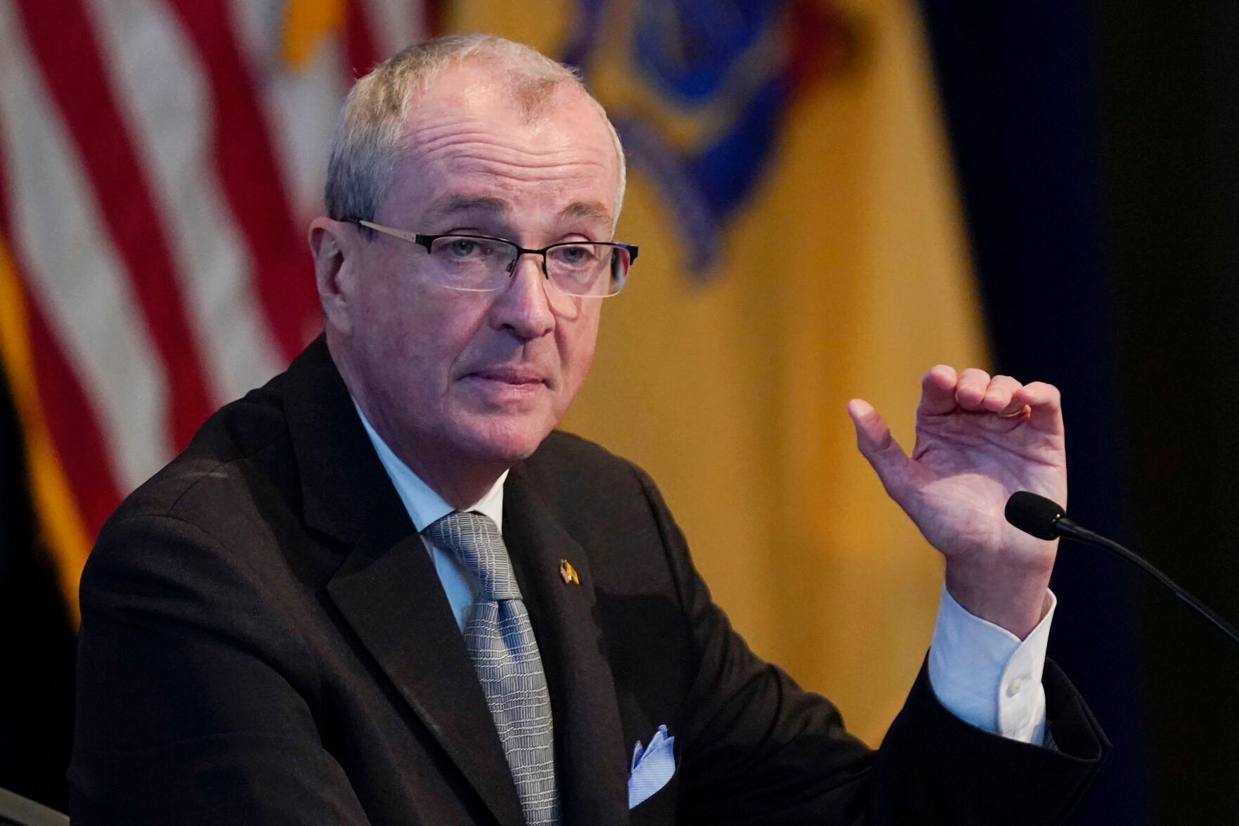 <p>FILE - New Jersey Gov. Phil Murphy speaks to reporters during a briefing in Trenton, N.J., Monday, Feb. 7, 2022.</p>