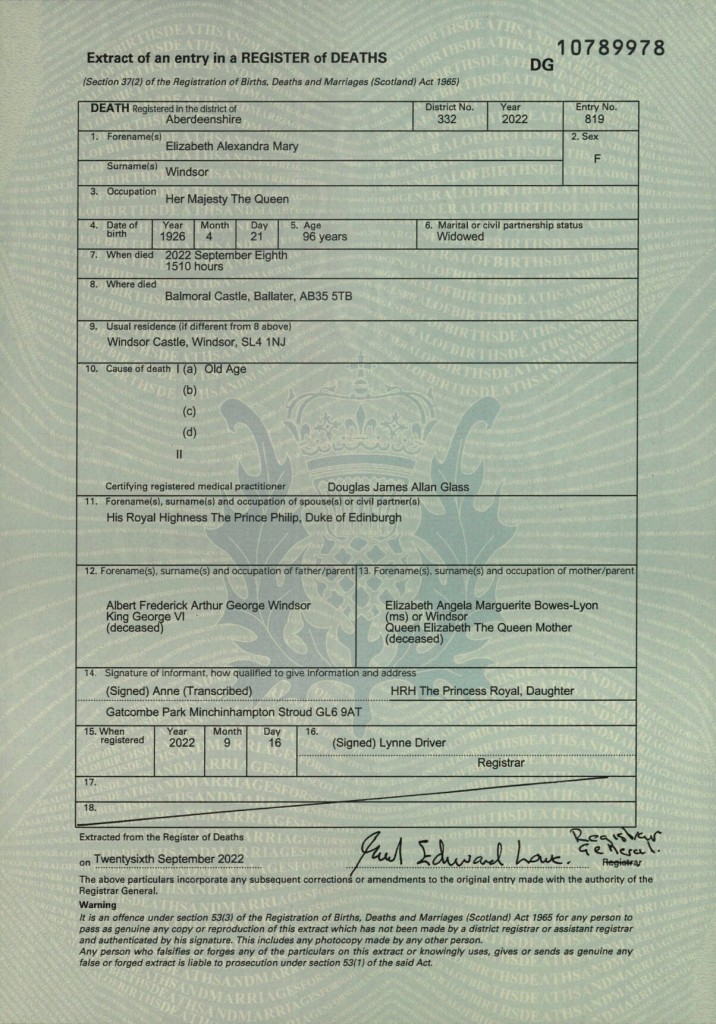 Queen Elizabeth Ii Died Of Old Age, Death Certificate Shows