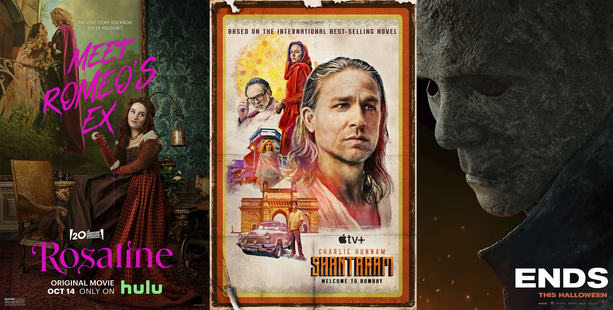 <p>This combination of photos shows promotional art for the film "Rosaline," from left, the series Shantaram,” and the film "Halloween Ends," all premiering Friday, Oct. 14 on Hulu, Apple TV+ and Peacock respectively. (Hulu/Apple TV+/Peacock via AP)</p>