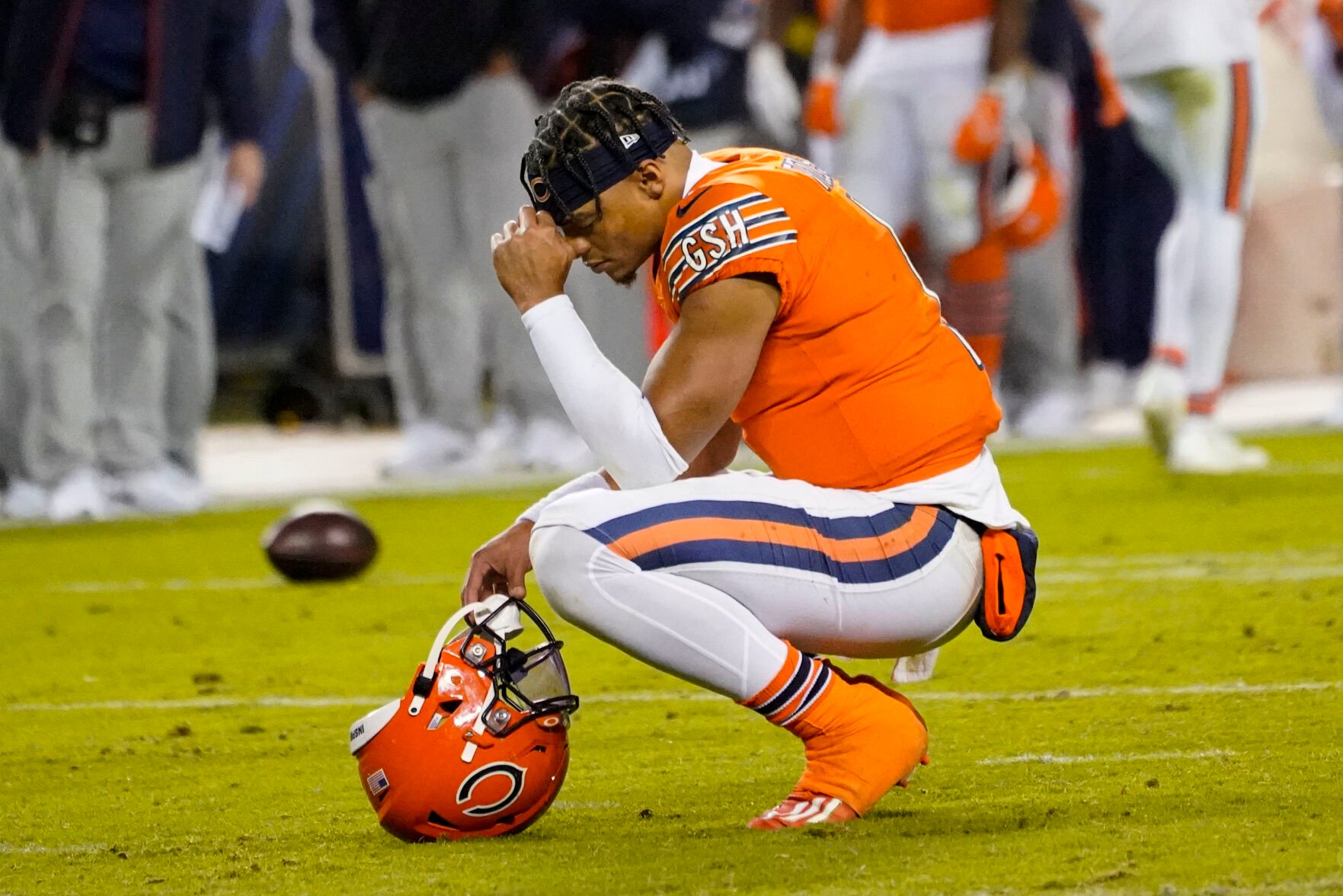 <p>Chicago Bears quarterback Justin Fields reacts after failing to score in the closing minute of the second half of an NFL football game against the Washington Commanders in Chicago on Thursday. The Commanders defeated the Bears 12-7.</p>