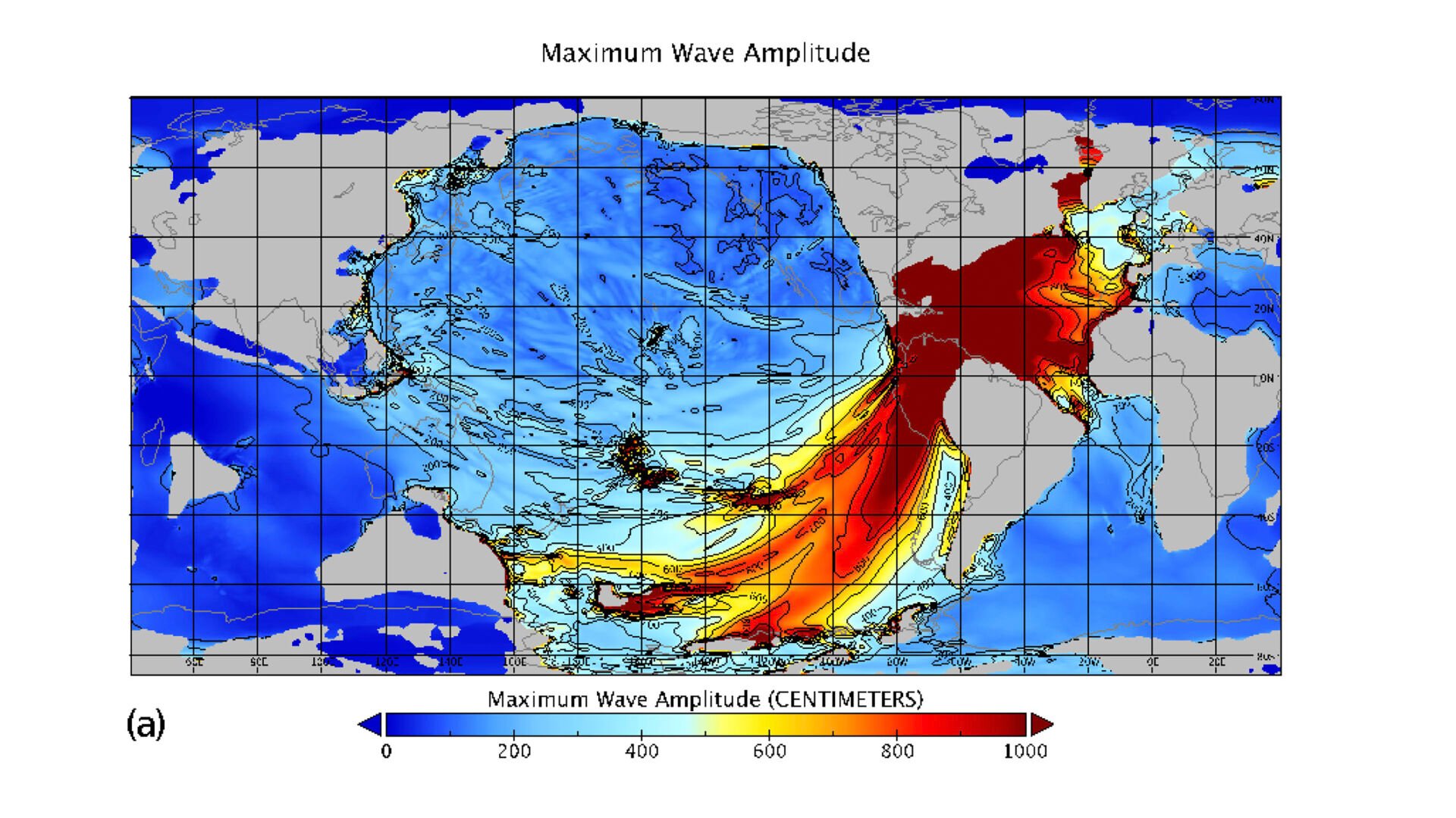 <p>This model shows the maximum tsunami wave amplitude following the asteroid impact 66 million years ago.</p>