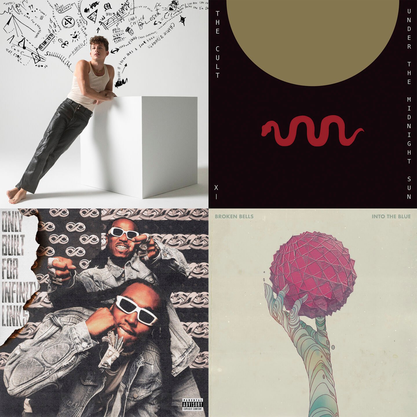 <p>This combination of photos shows album art for, clockwise from top left, "Charlie" by Charlie Puth, “Under the Midnight Sun” by The Cult, “Into the Blue" by Broken Bells and “Only Built for Infinity Links," an LP by Quavo and Takeoff. (Atlantic/Black Hill Records/AWAL/Motown-Quality Control via AP)</p>